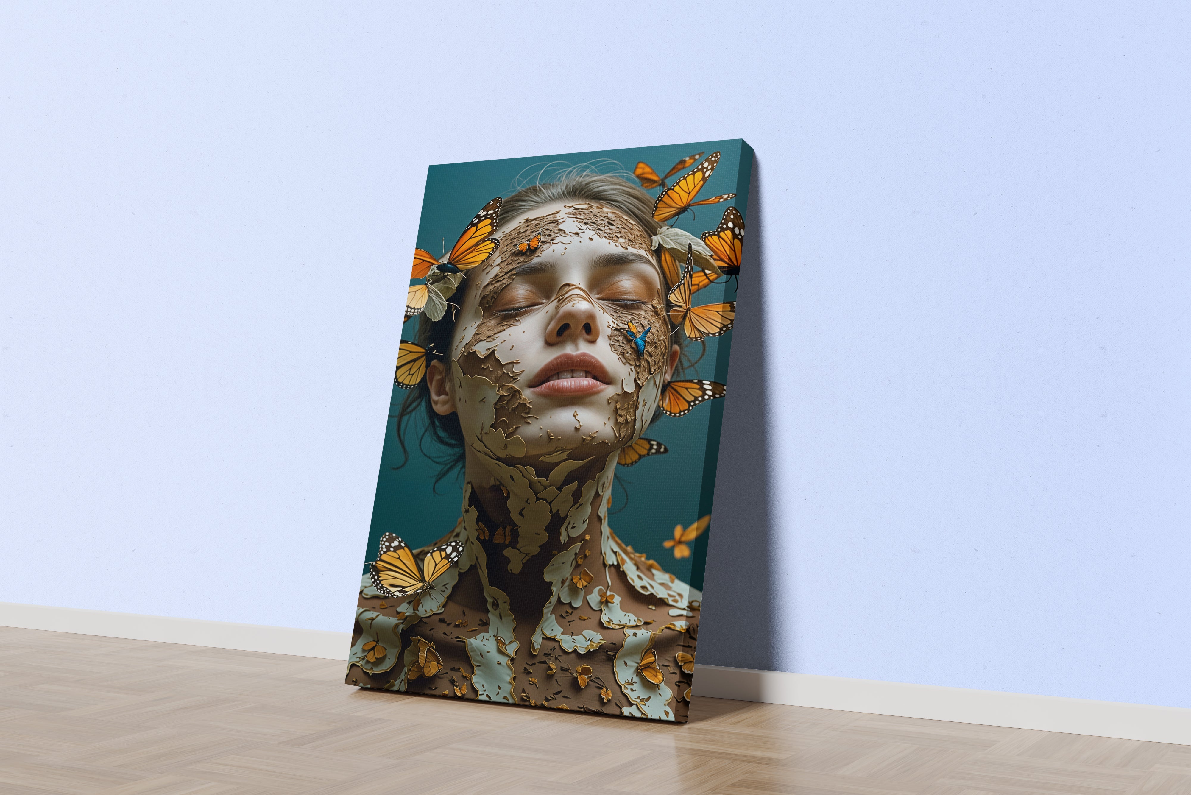ai creation, a surreal portrait of a woman, her cracking skin releasing monarch butterflies, ai art, art, kanvas tablo