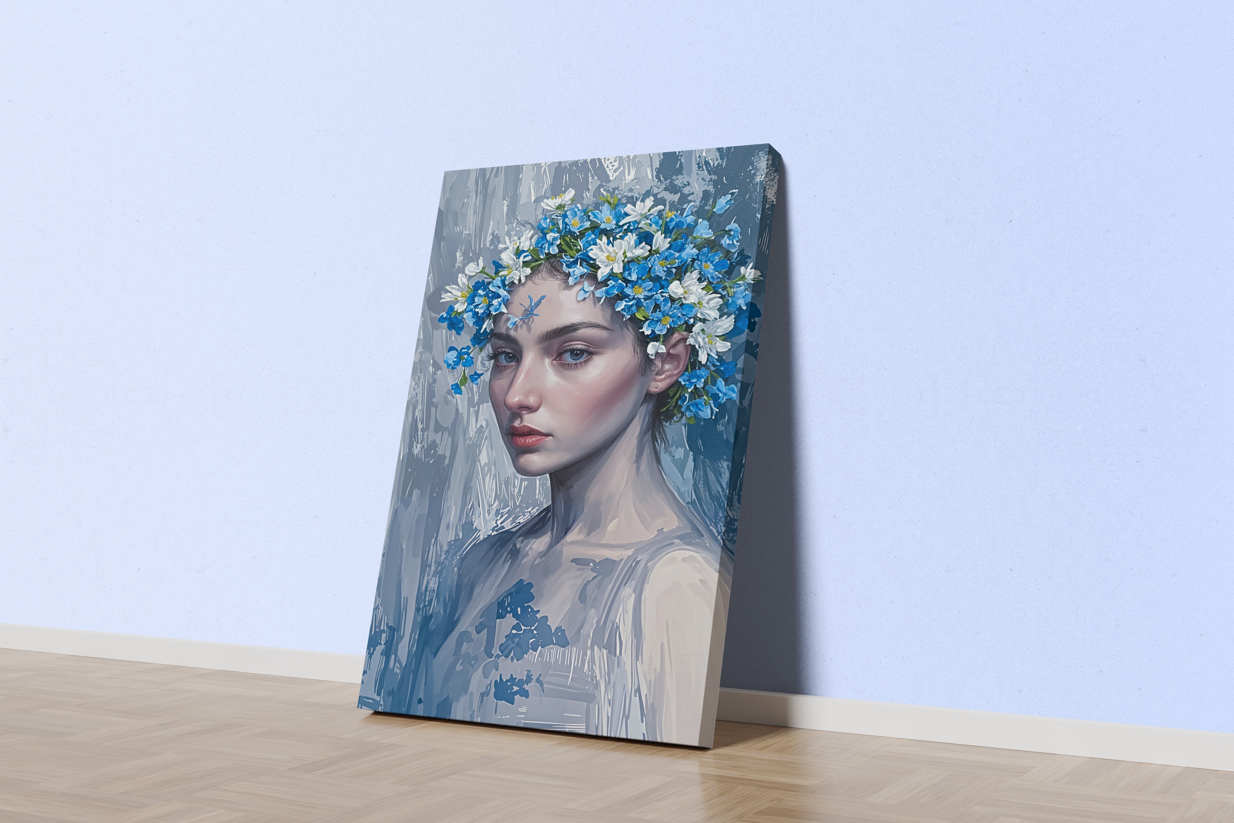 ai creation, a painterly portrait of a woman wearing a blue and white flower crown, ai art, art, kanvas tablo