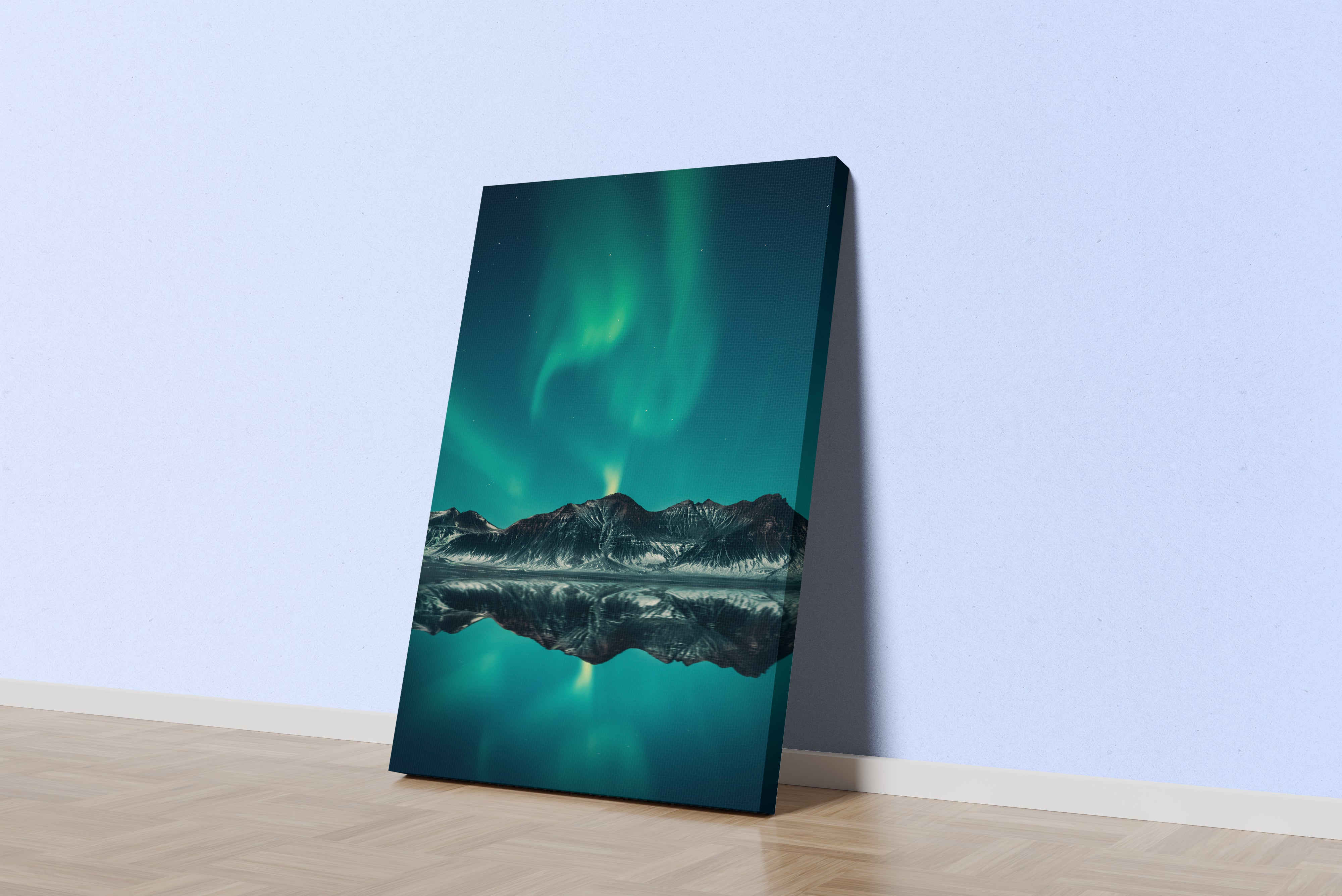 a green aurora dancing over mountains, perfectly reflected in a still lake, art, kanvas tablo