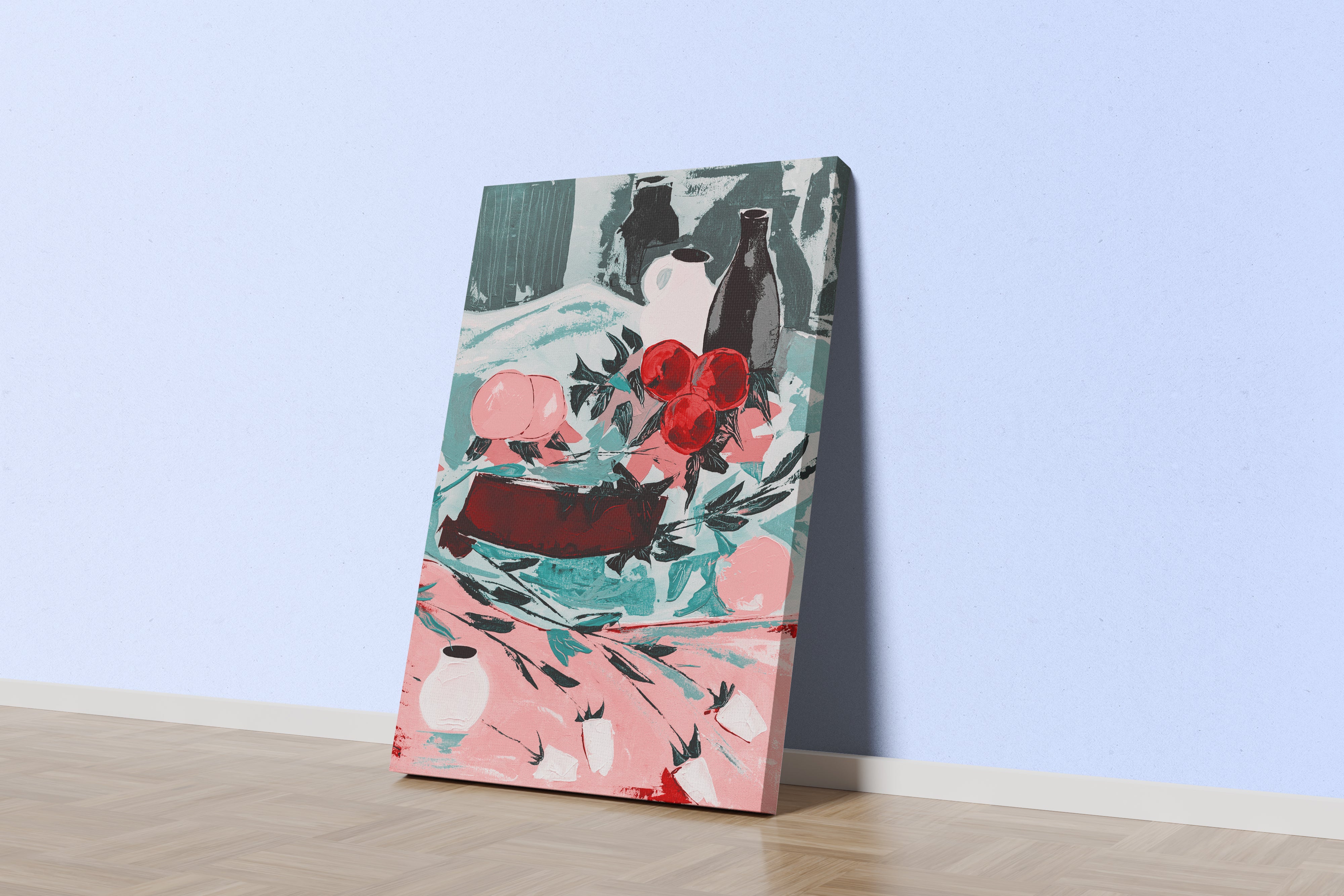 a modern still life painting of fruits and vases in a unique color palette, abstract, art, kanvas tablo