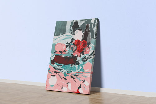a modern still life painting of fruits and vases in a unique color palette, abstract, art, kanvas tablo