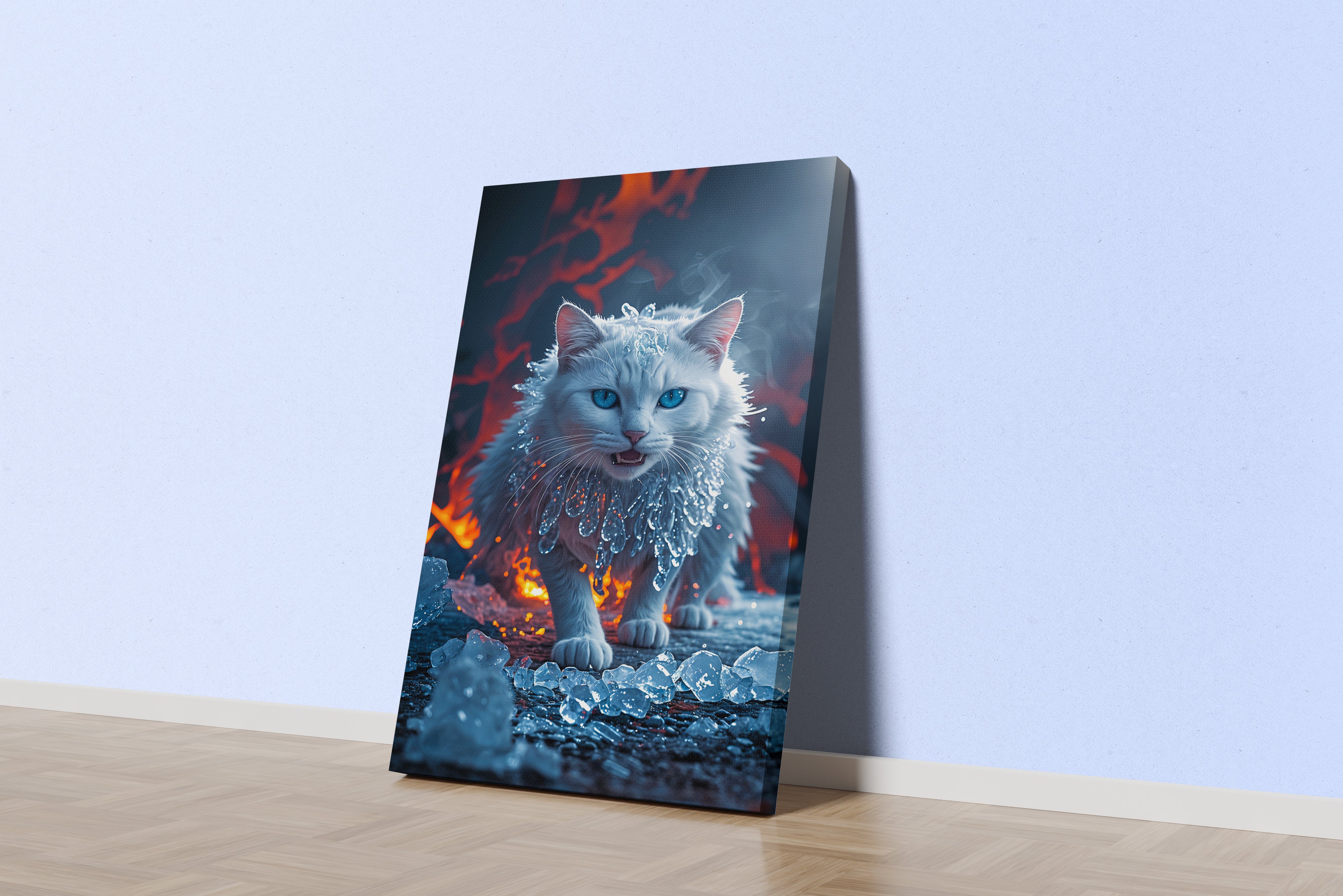 ai creation, white cat wrapped in ice, pet, ai art, art, kanvas tablo