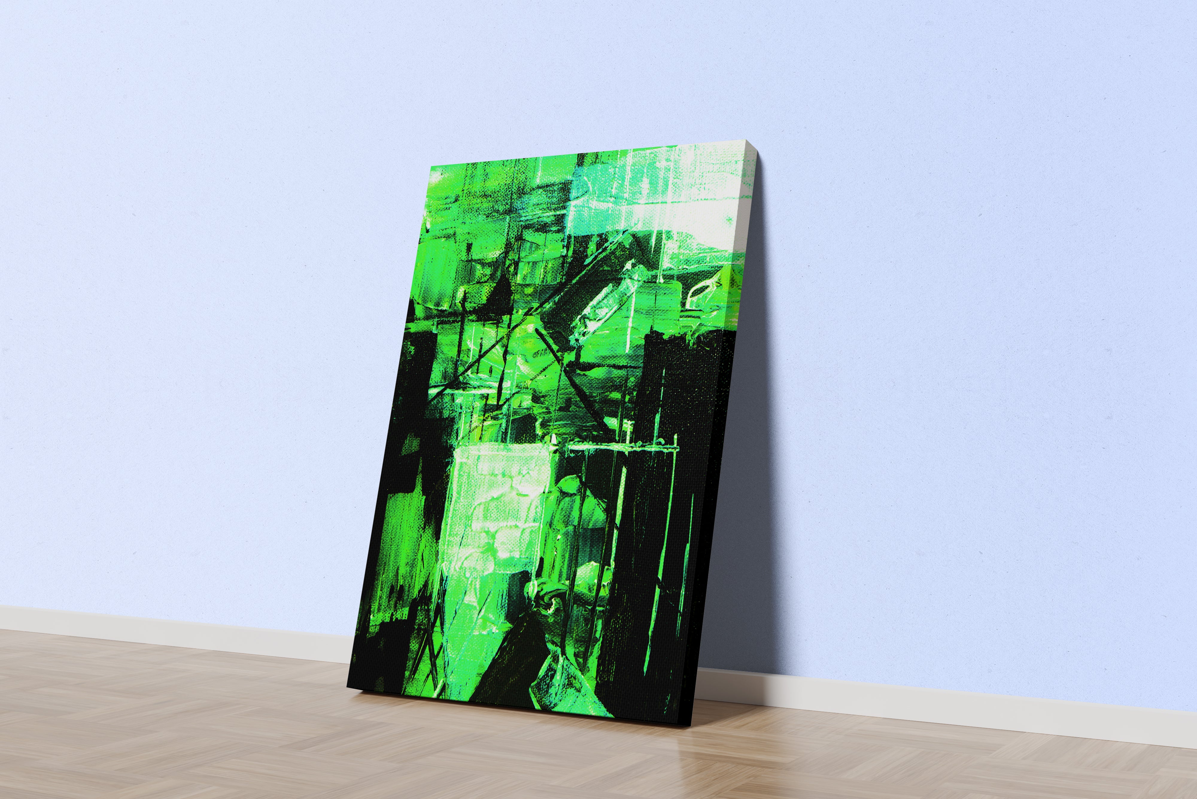 a high-contrast abstract painting with neon green and black creating a futuristic cityscape, abstract, art, kanvas tablo
