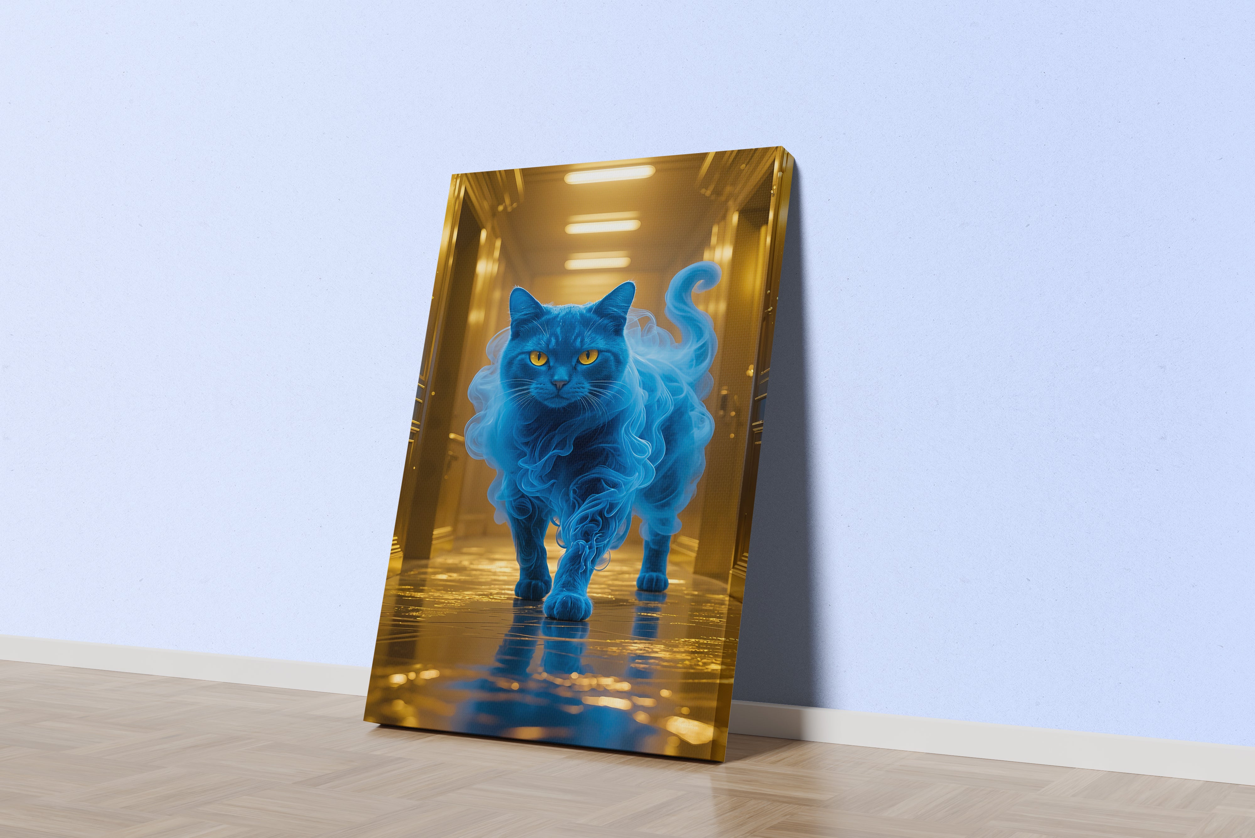 ai creation, wrapped in bluish colour cat, pet, ai art, art, kanvas tablo