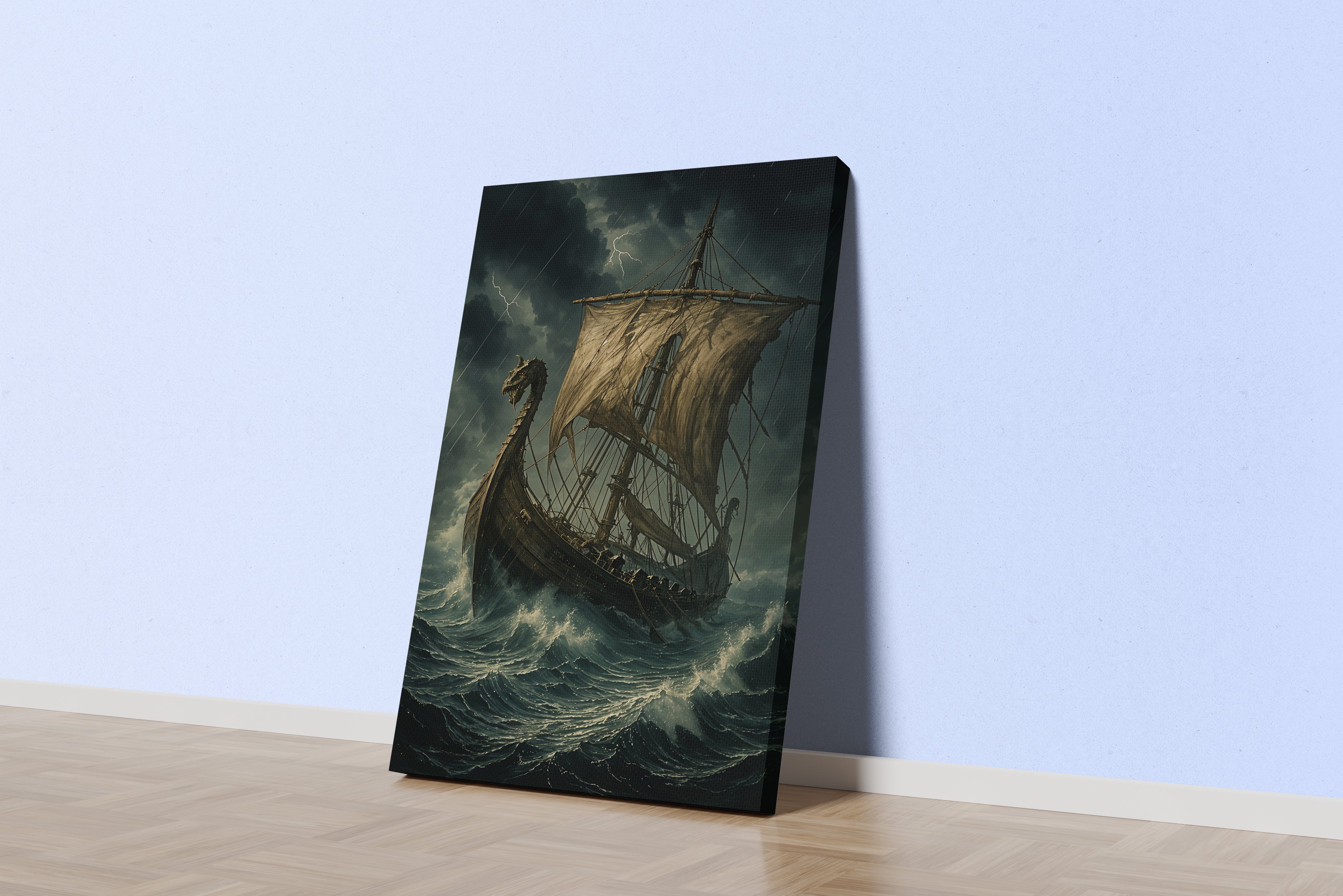 ai creation, a ship caught between giant waves and storm, ai art, art, kanvas tablo