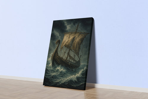 ai creation, a ship caught between giant waves and storm, ai art, art, kanvas tablo