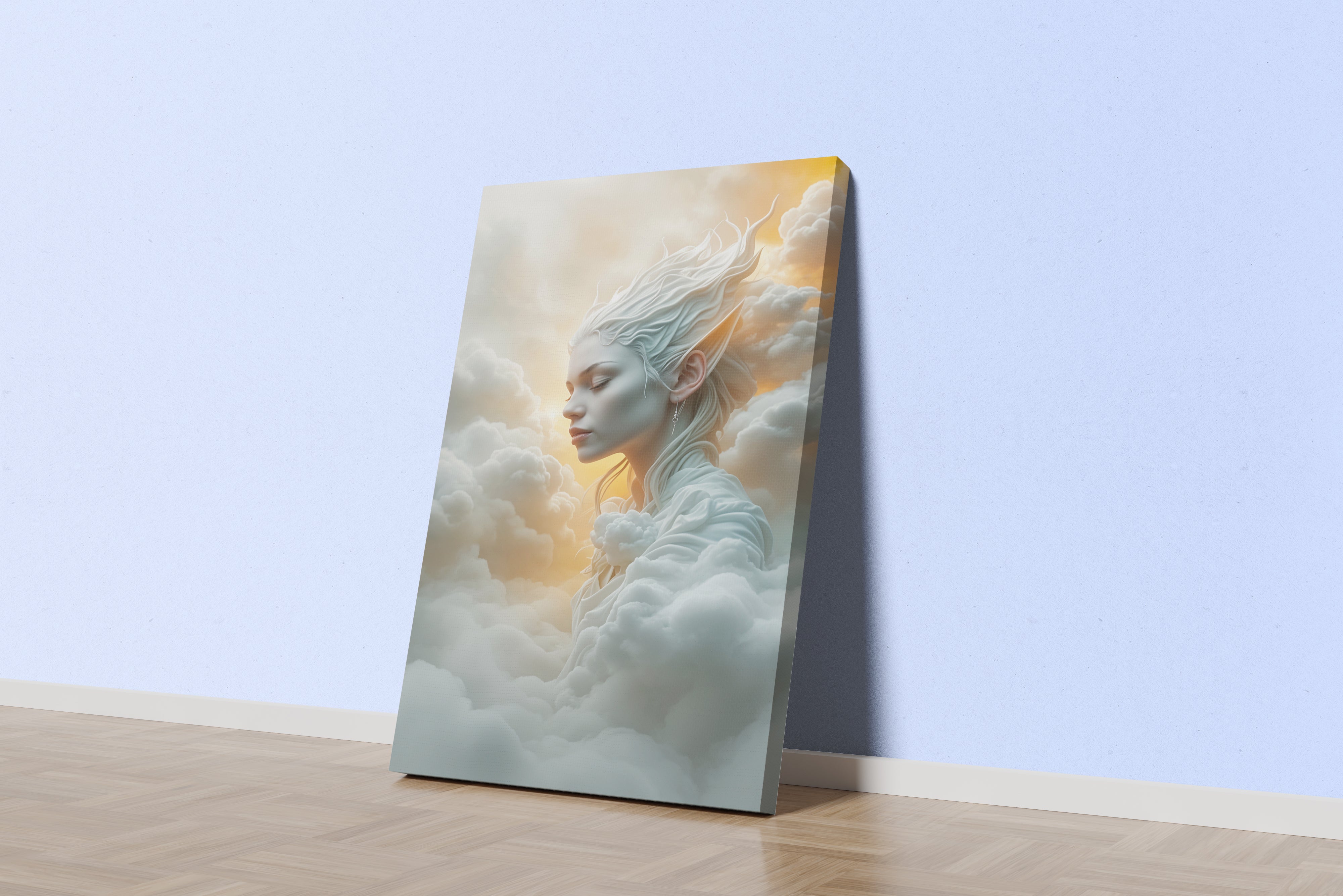 ai creation, depiction of a woman resting in the clouds, ai art, art, kanvas tablo