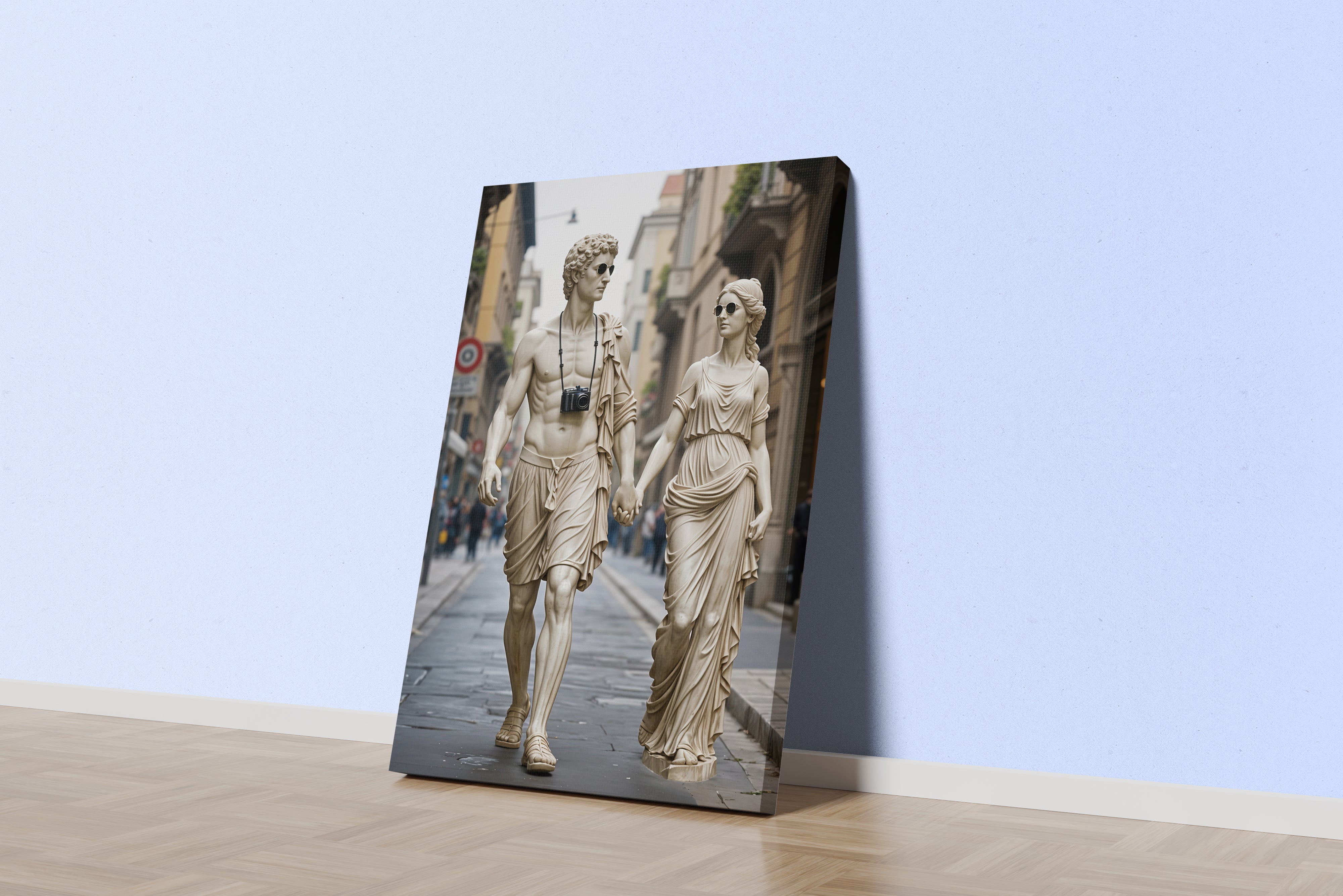 ai creation, ancient greek statues as modern tourists with sunglasses and a camera, ai art, art, kanvas tablo