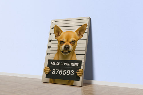 Sabıka Fotoğrafı Çekilen Sert Bakışlı Komik Chihuahua Köpek Mizahi Kanvas Tablo