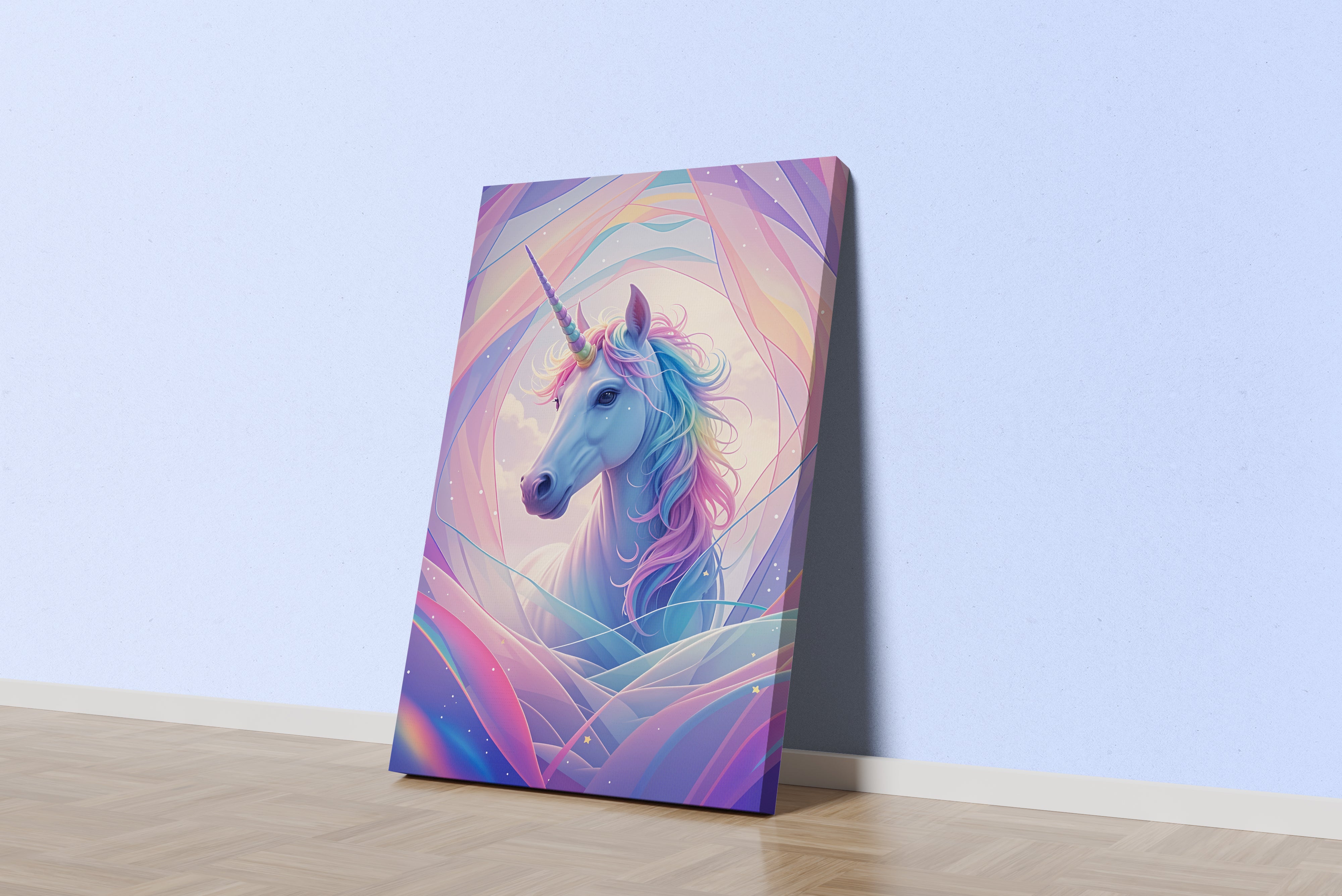 ai creation, happy looking unicorn on a soft white mix, ai art, art, kanvas tablo