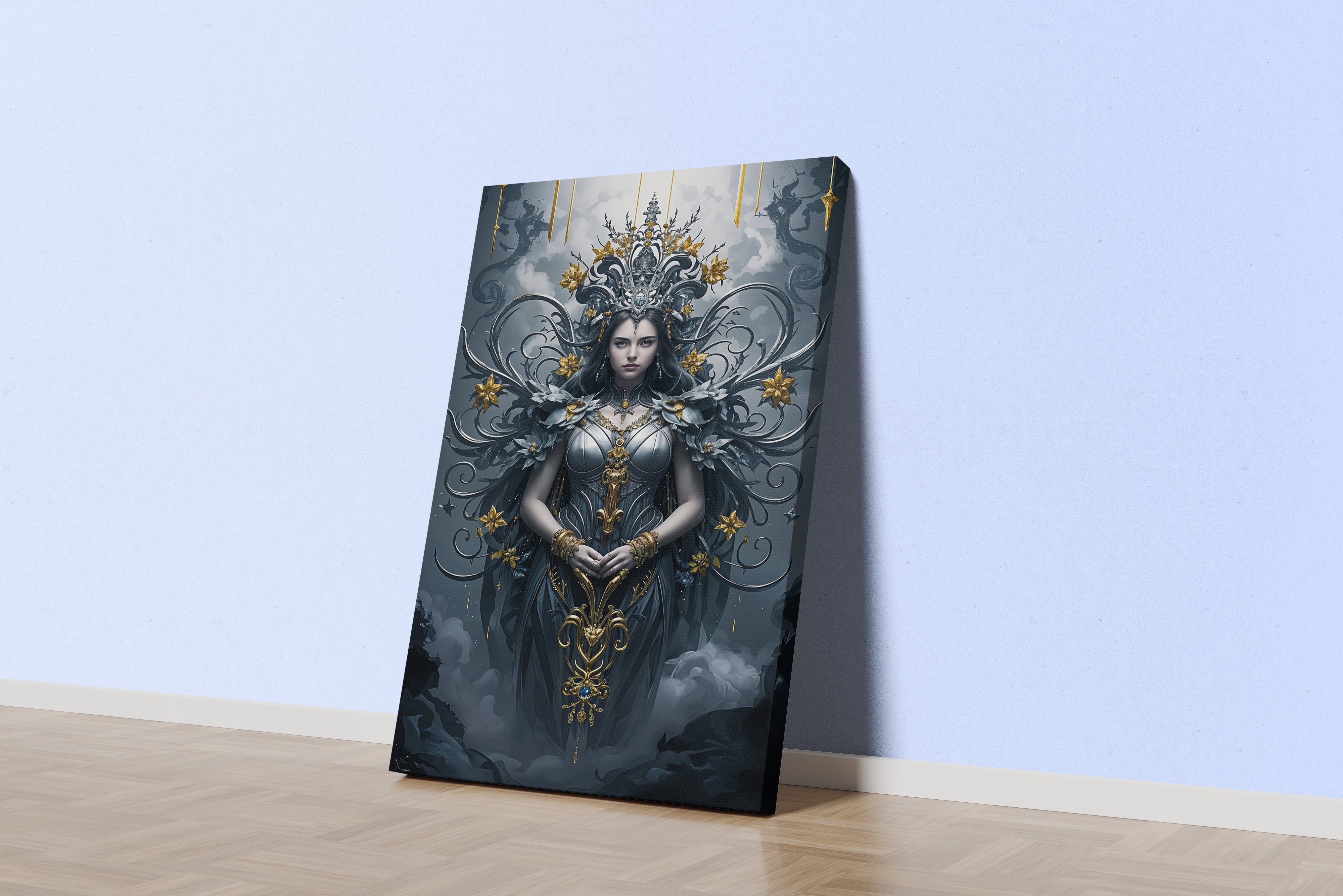 ai creation, a dark goddess in intricate silver armor with ornate gold filigree details, ai art, art, kanvas tablo
