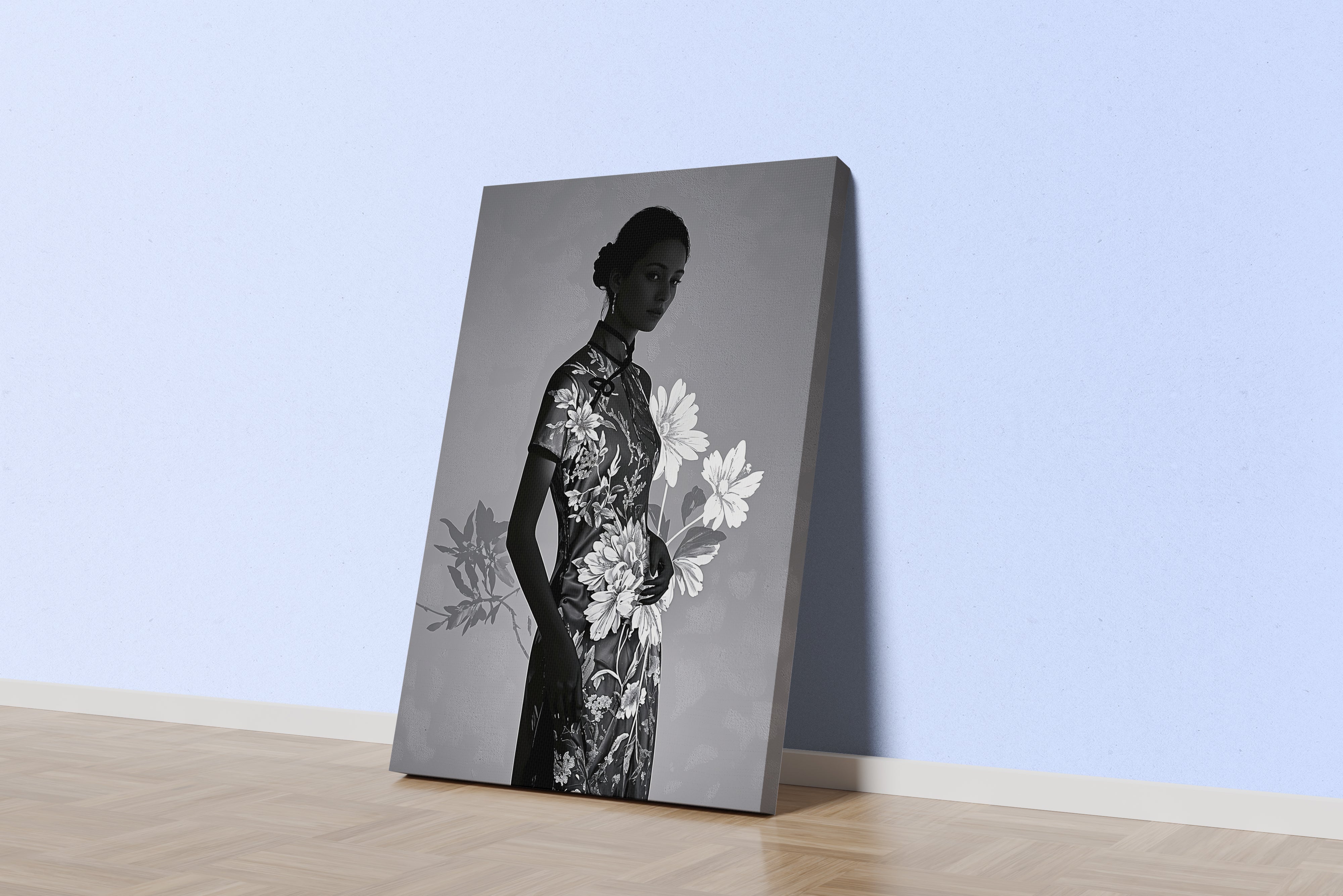 ai creation, asian flowers and asian women, grayscale, ai art, art, kanvas tablo