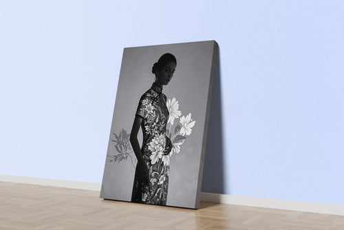 ai creation, asian flowers and asian women, grayscale, ai art, art, kanvas tablo