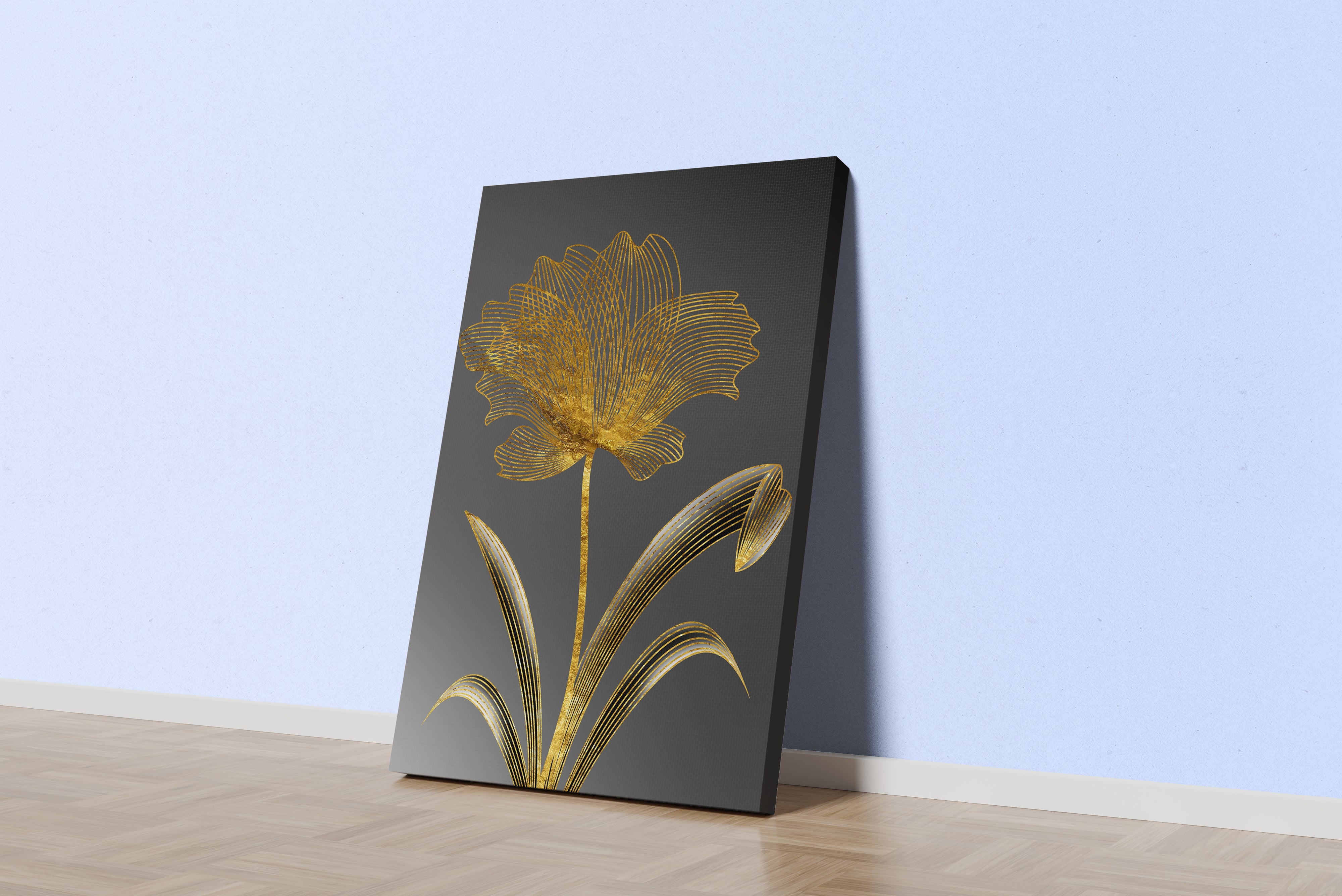 a minimalist golden wireframe flower on a grey gradient background, art, kanvas tablo