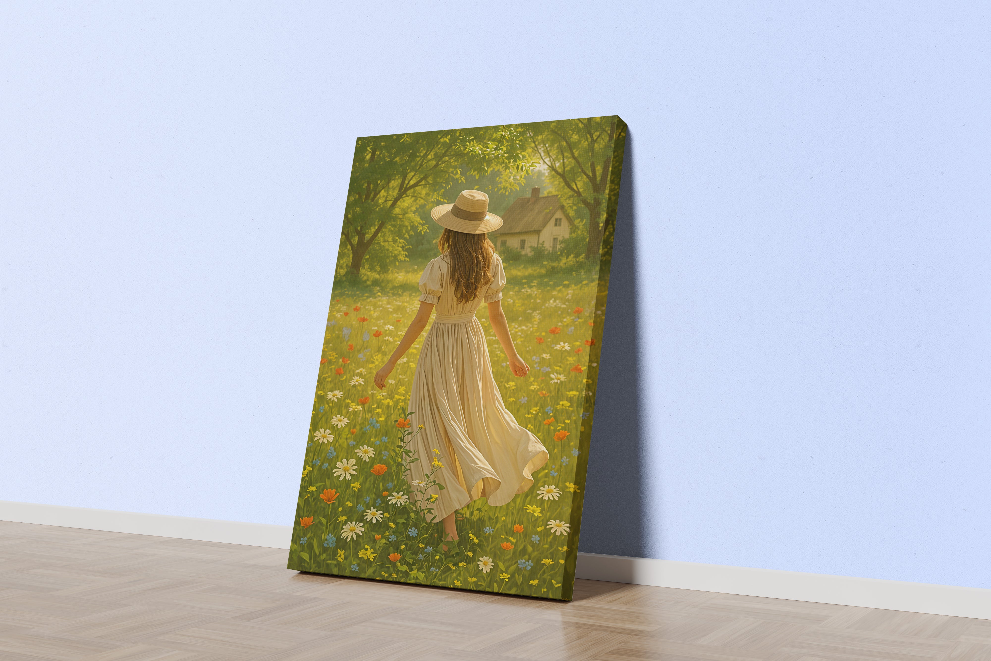 ai creation, girl wandering in the flower garden, ai art, art, kanvas tablo