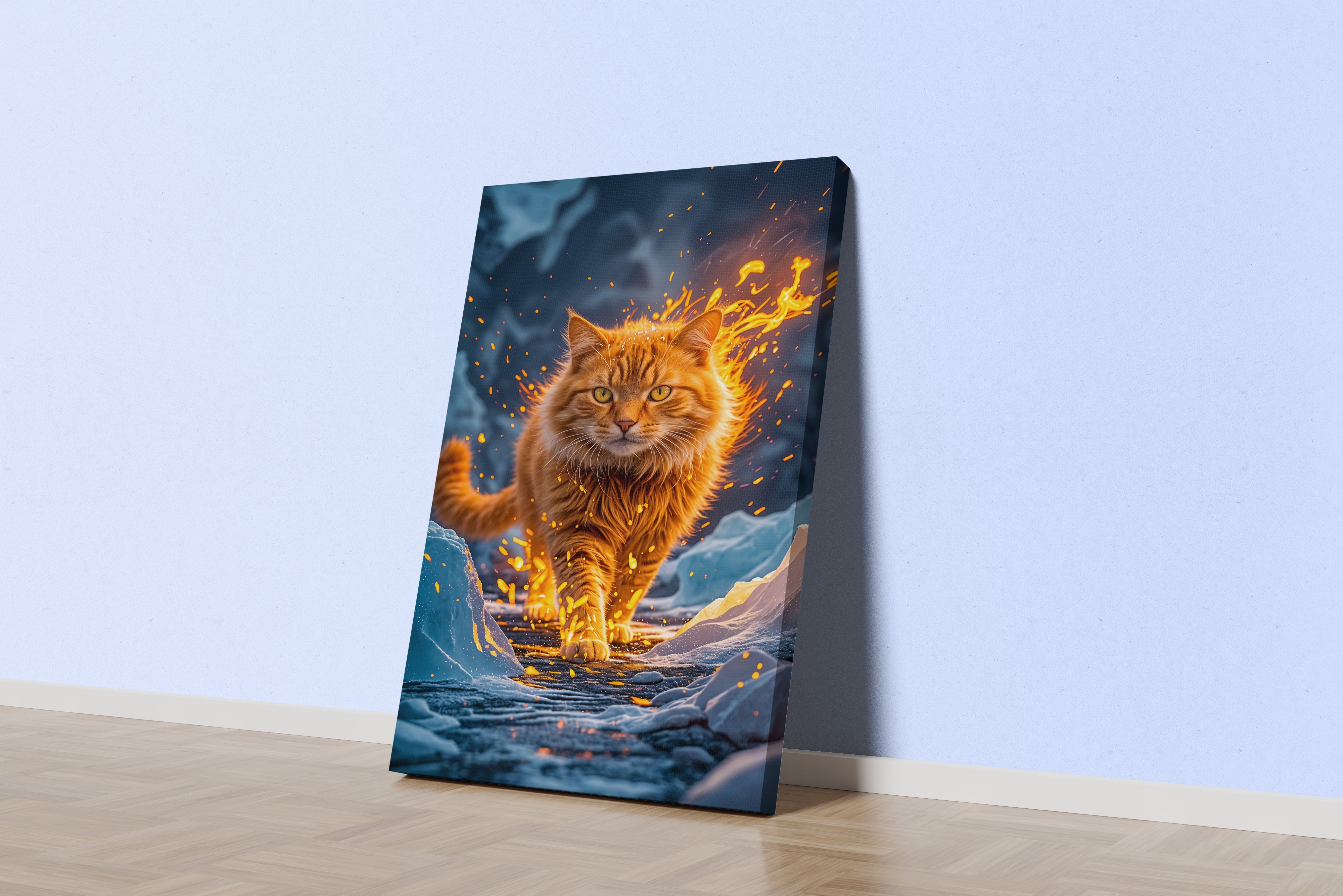 ai creation, orange cat wrapped in fire, pet, ai art, art, kanvas tablo
