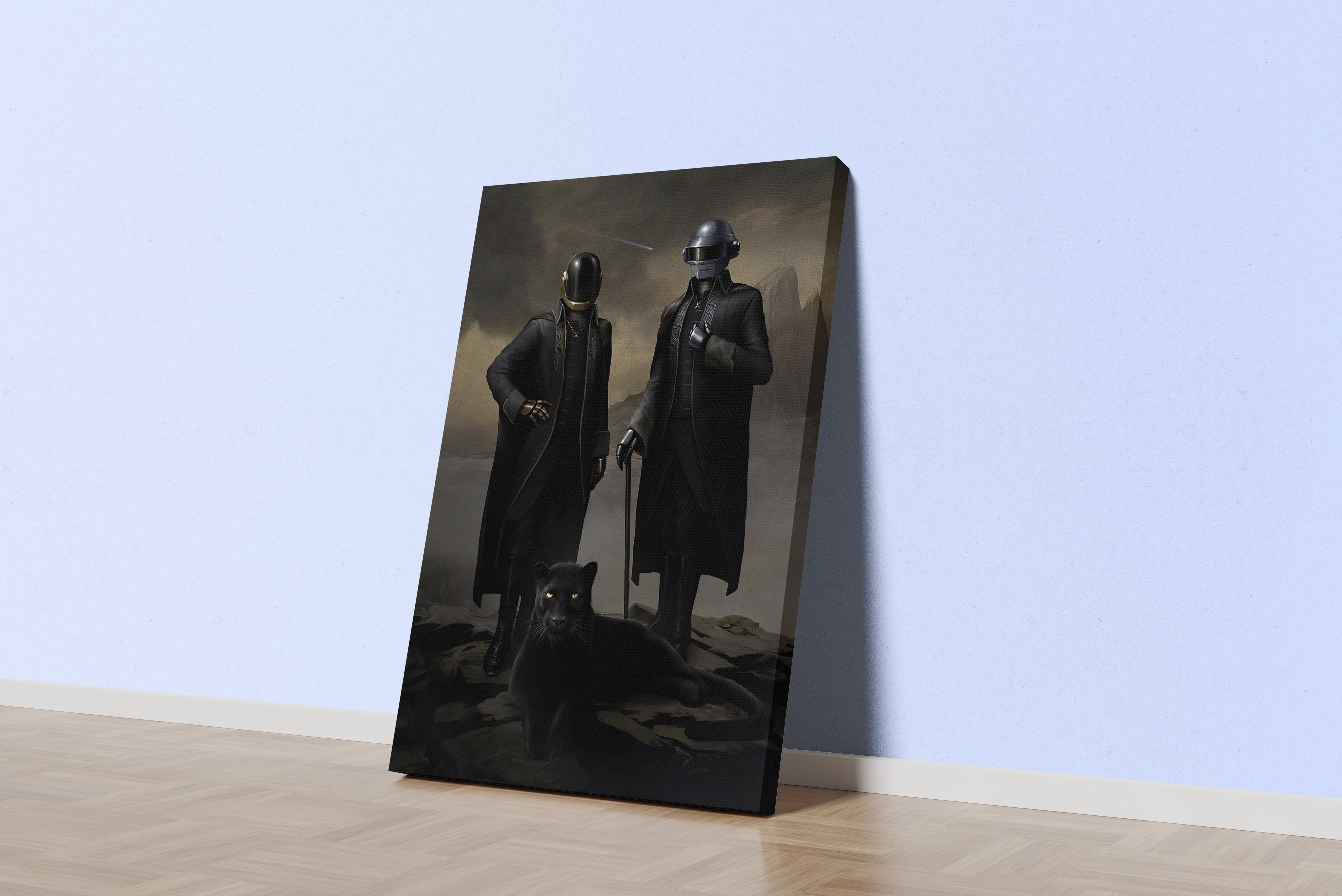 a classic, moody portrait of daft punk posing with a black panther, art, kanvas tablo
