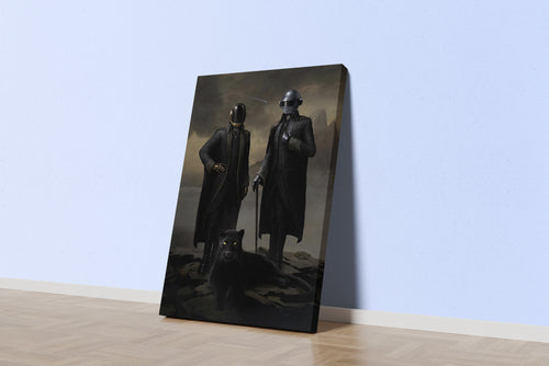 a classic, moody portrait of daft punk posing with a black panther, art, kanvas tablo