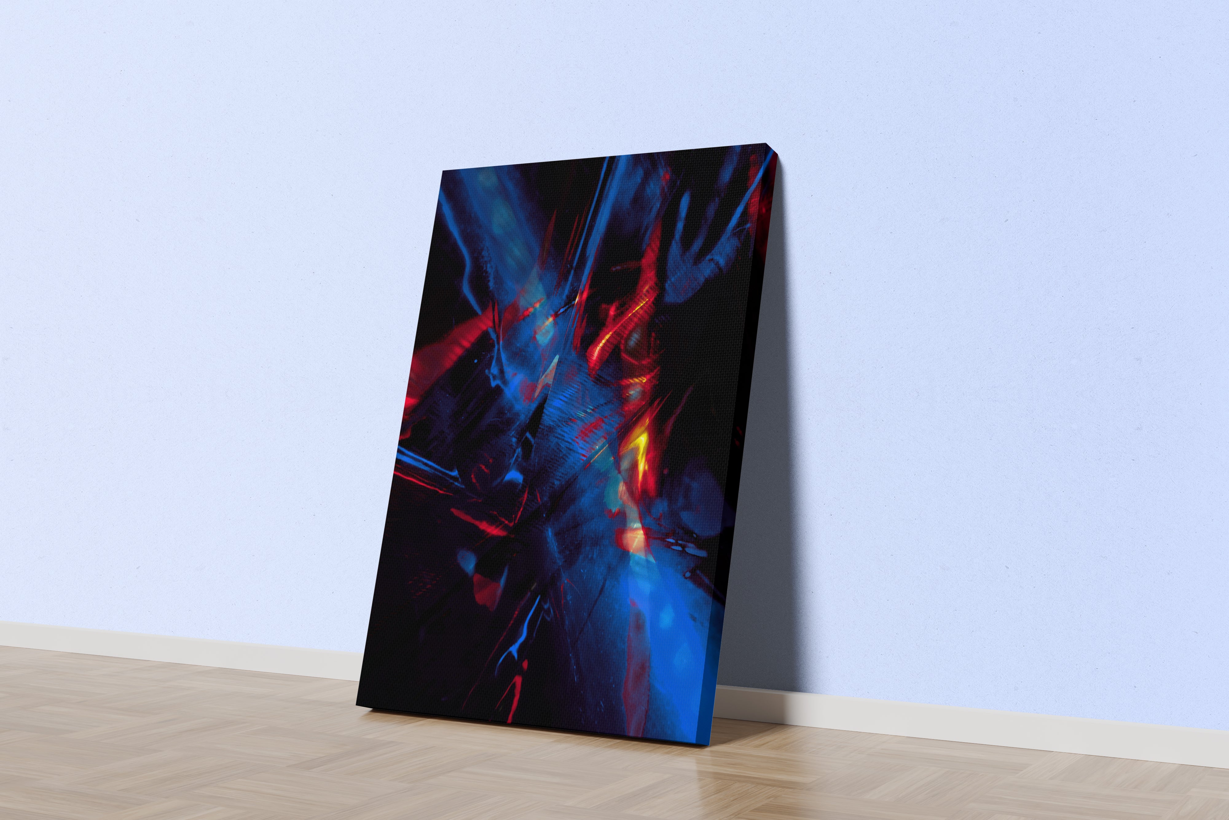an energetic abstract composition with chaotic streaks of red and blue light on black, abstract, art, kanvas tablo