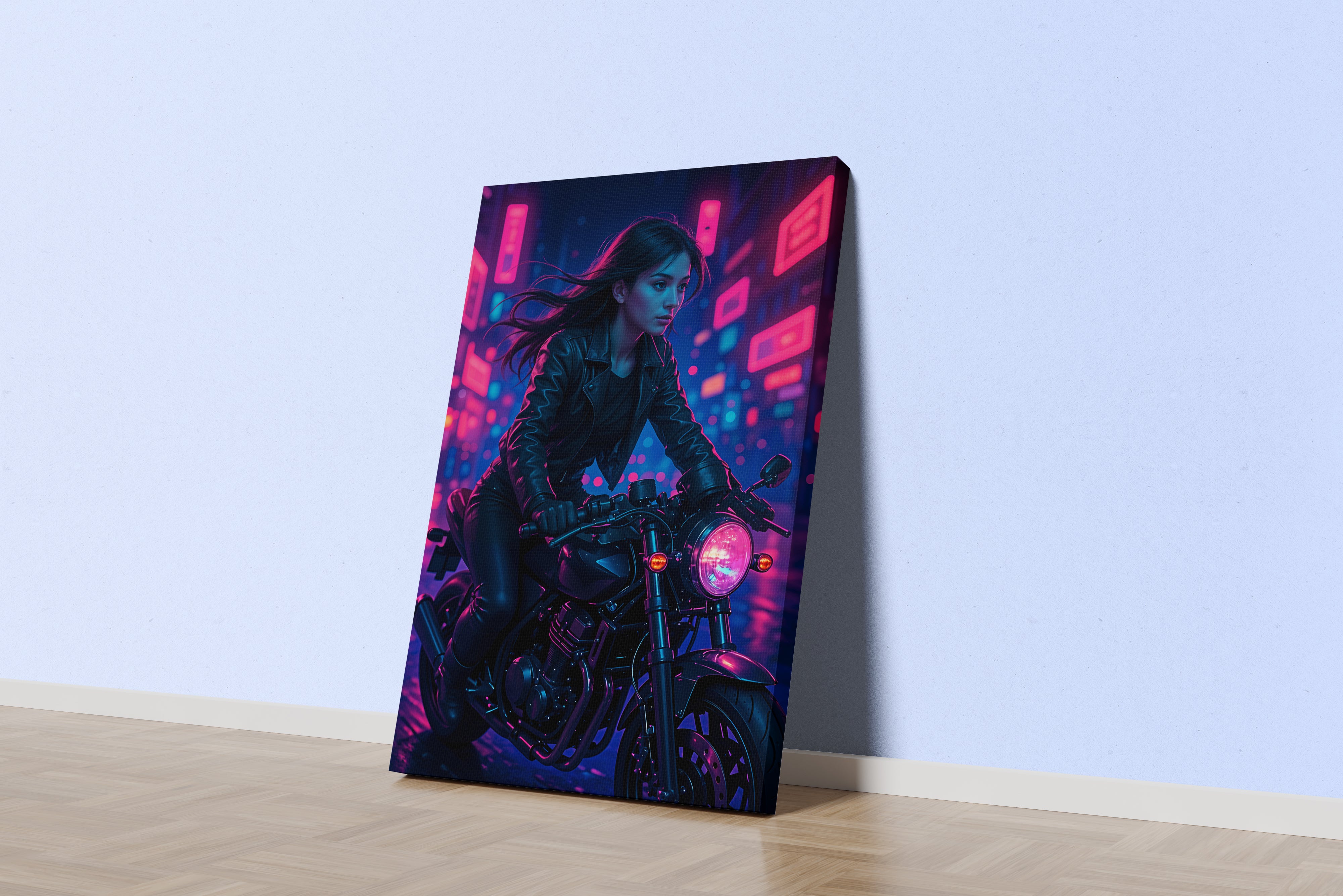 ai creation, Cyberpunk motorcycle girl, ai art, art, kanvas tablo