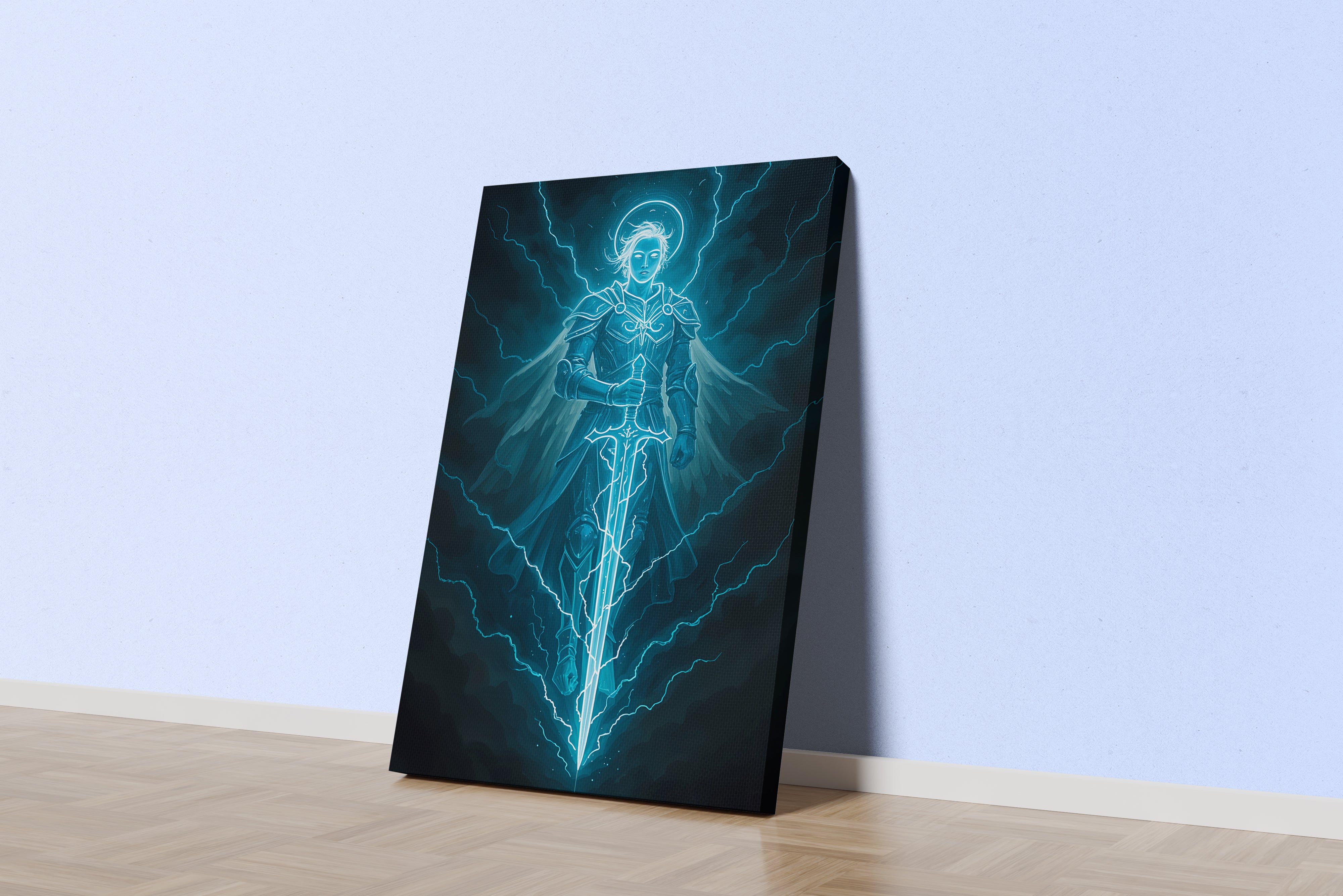 ai creation, blue skinned lightning warrior, ai art, art, kanvas tablo