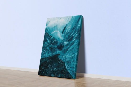 a breathtaking view from inside a glowing blue ice cave with smooth, frozen walls, abstract, art, kanvas tablo