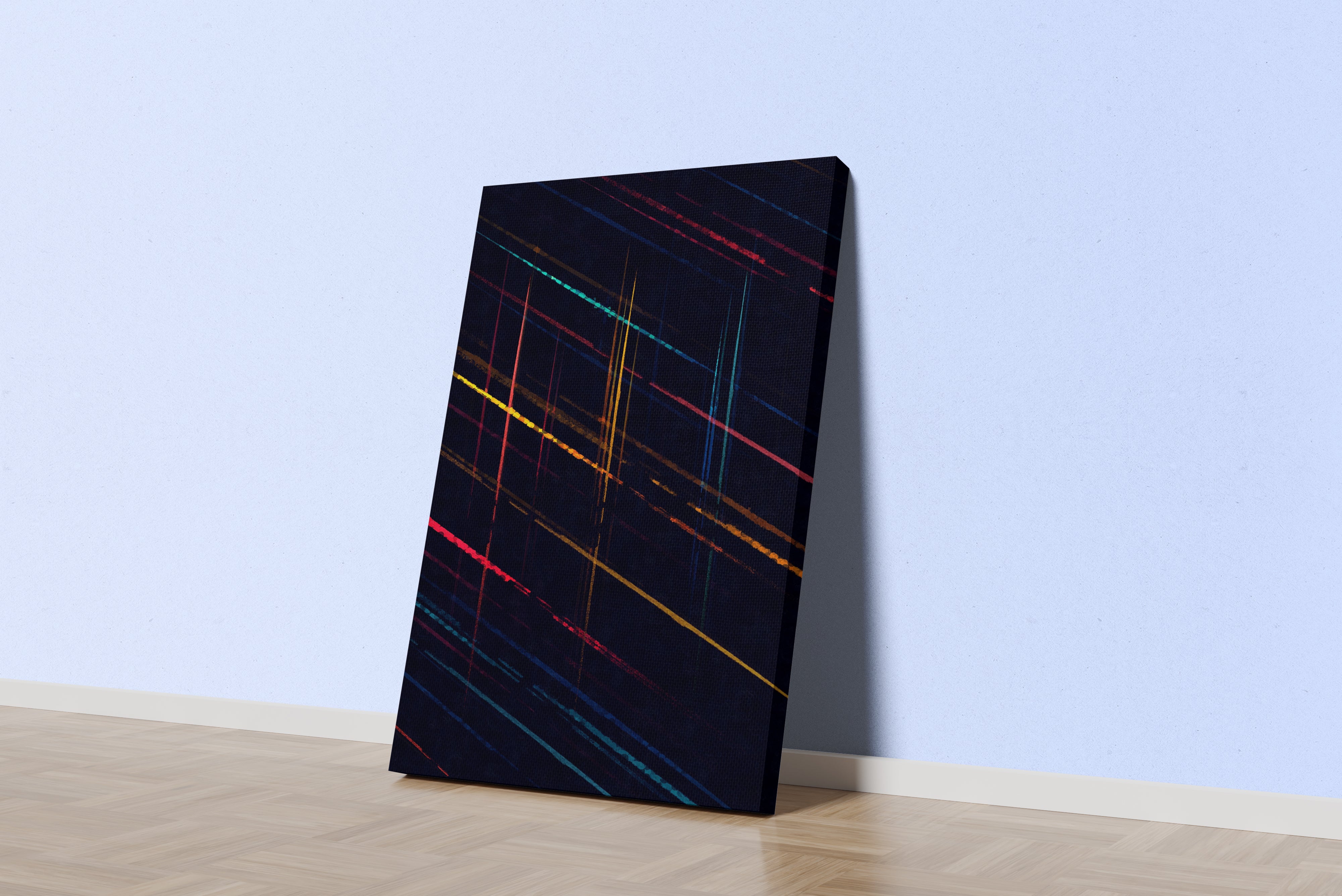 a dark abstract background with thin, colorful, diagonal lines streaking across the canvas, abstract, art, kanvas tablo