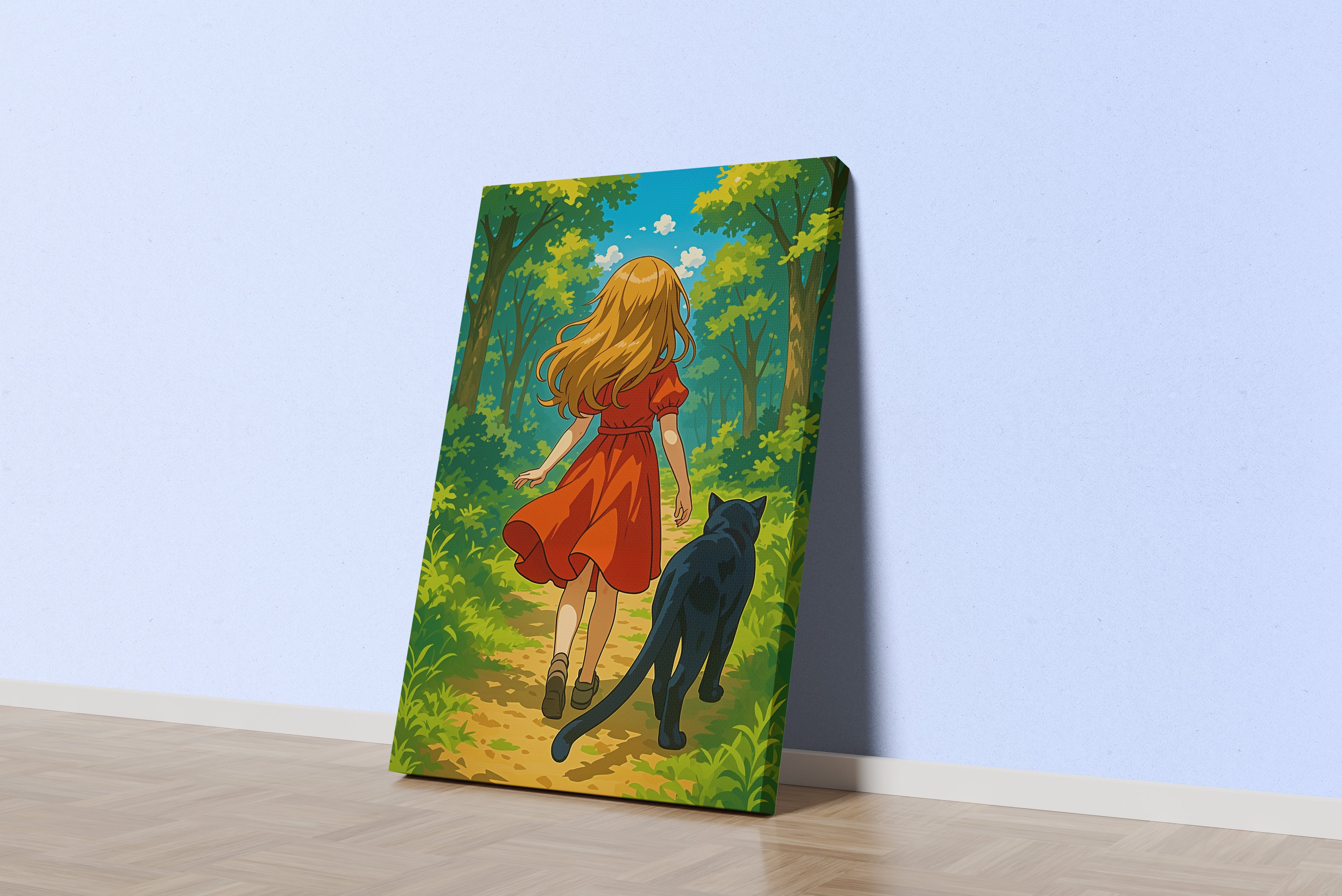 ai creation, woman in red and her cat in the forest, kid, ai art, art, kanvas tablo