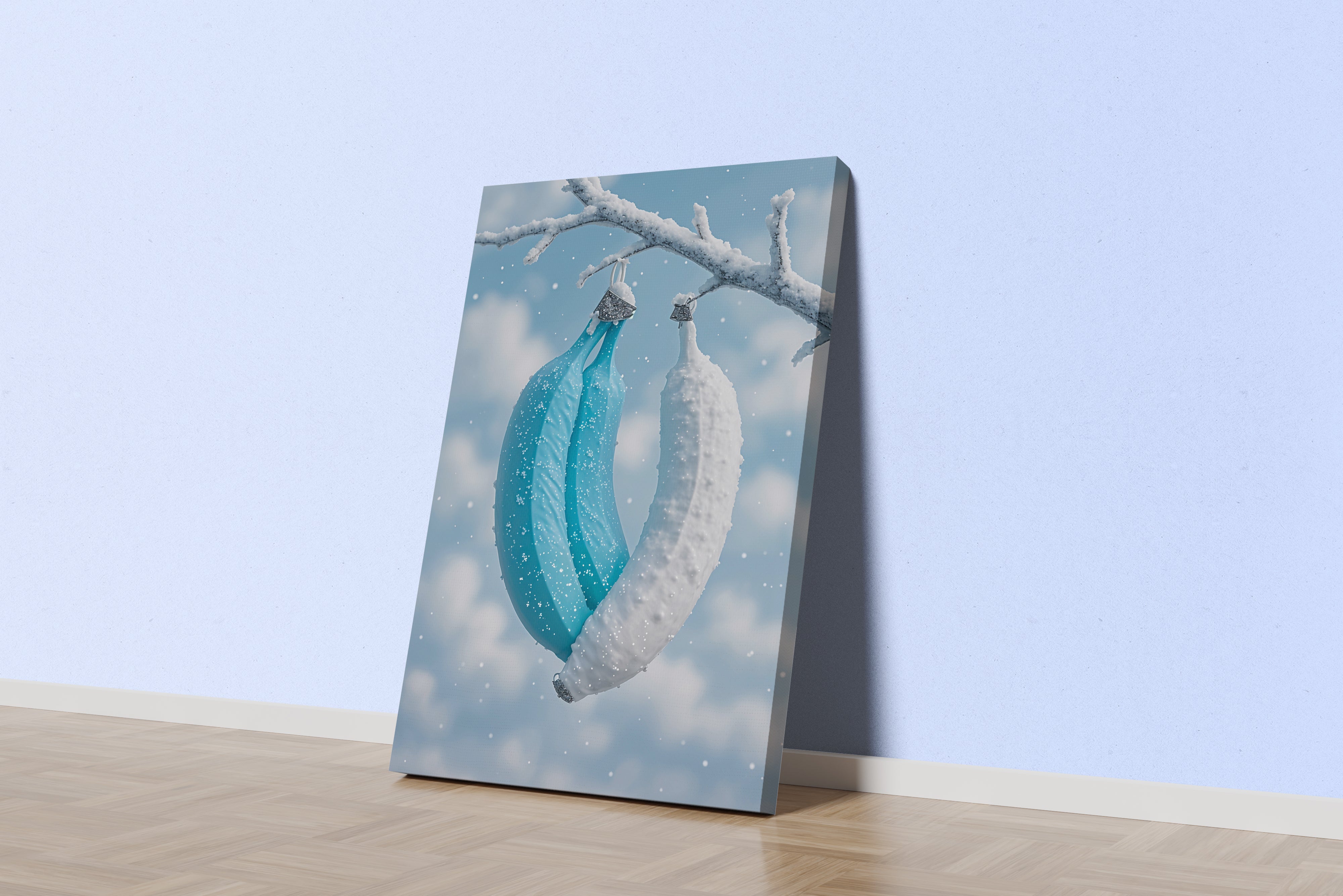 ai creation, white and blue banana hanging on a branch, winter themed, art, kanvas tablo