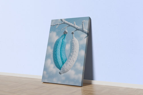 ai creation, white and blue banana hanging on a branch, winter themed, art, kanvas tablo