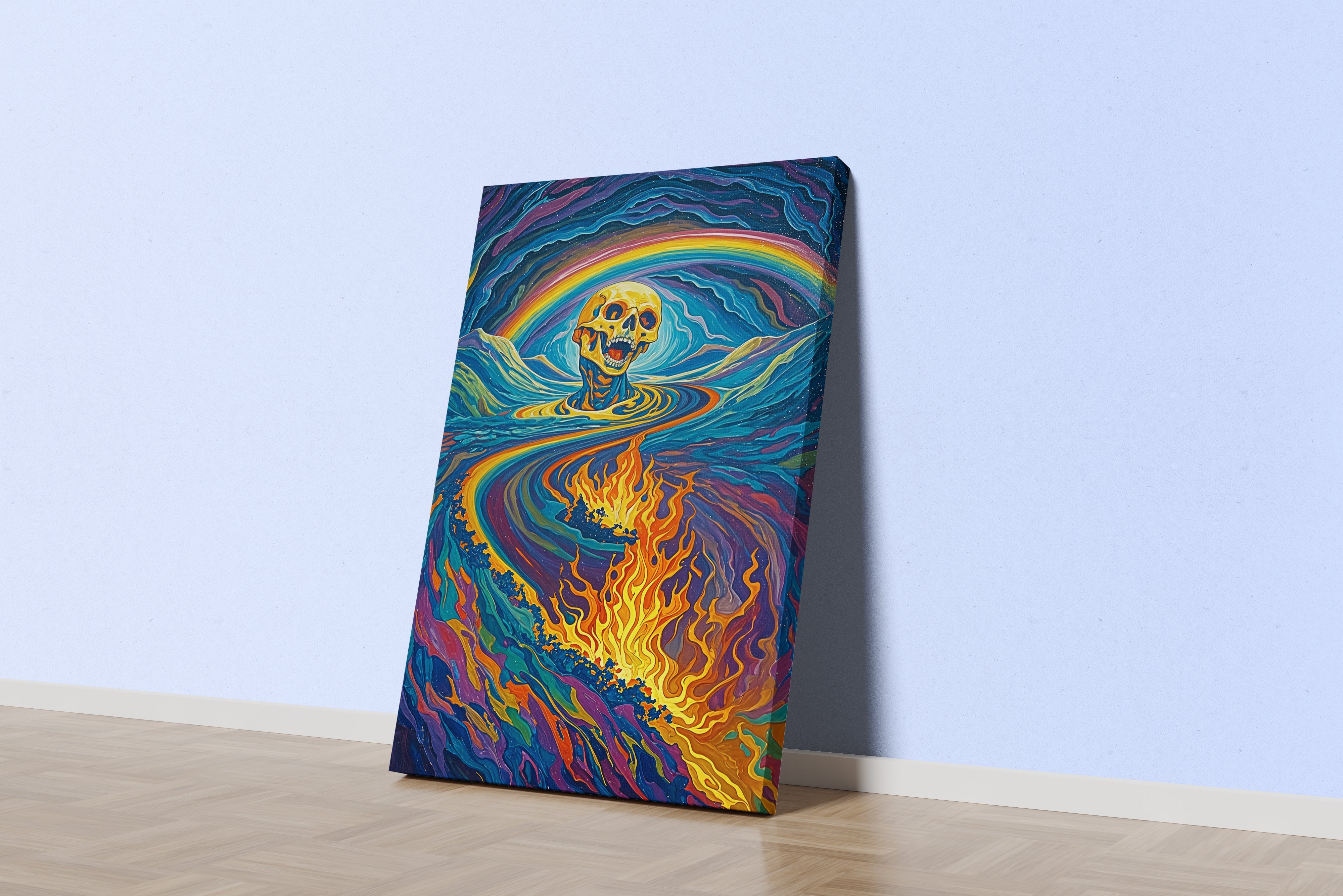 ai creation, skeleton engulfed in rainbow colored flames, ai art, art, kanvas tablo