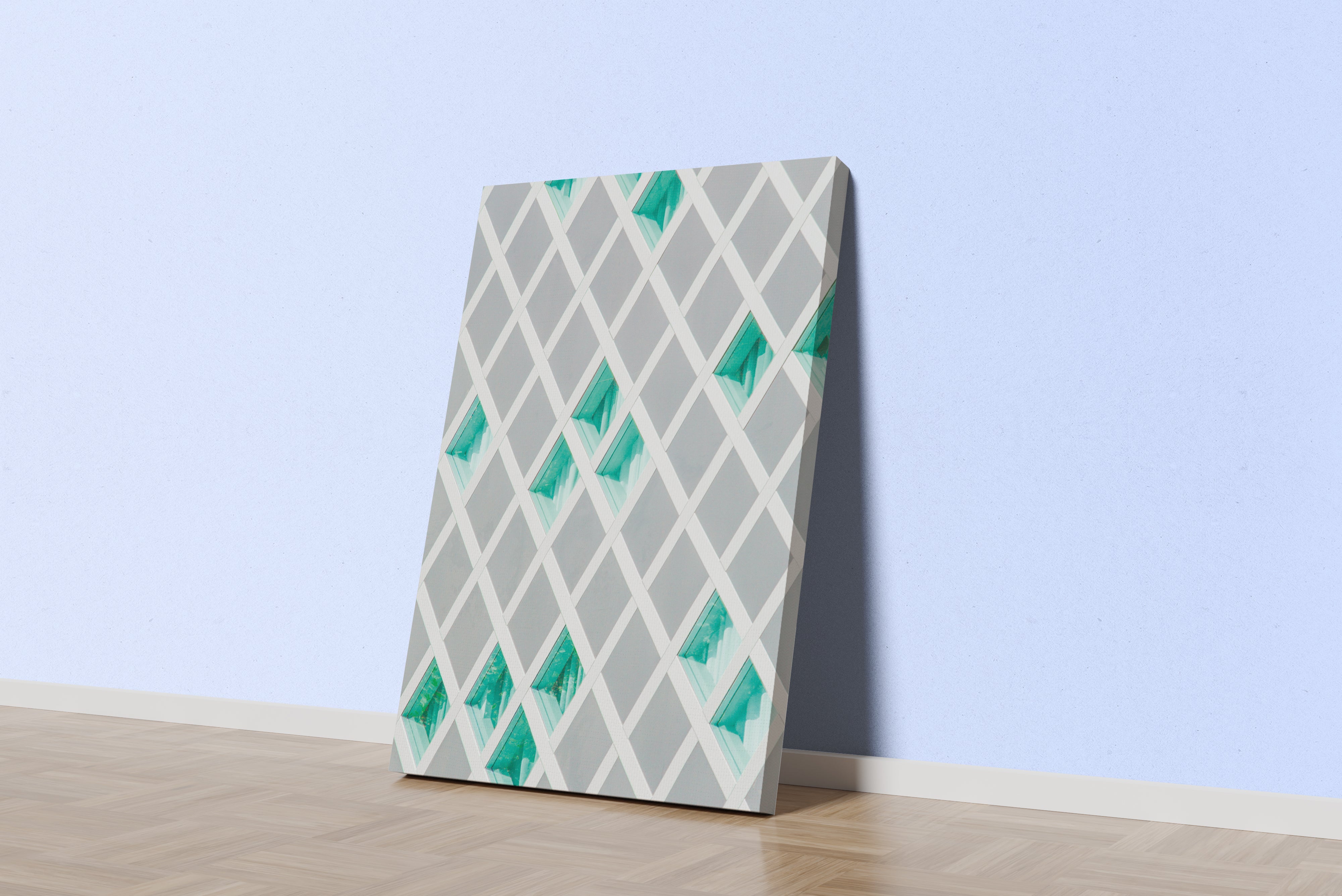 a minimalist architectural facade with a white diagonal lattice over turquoise glass windows, abstract, art, kanvas tablo