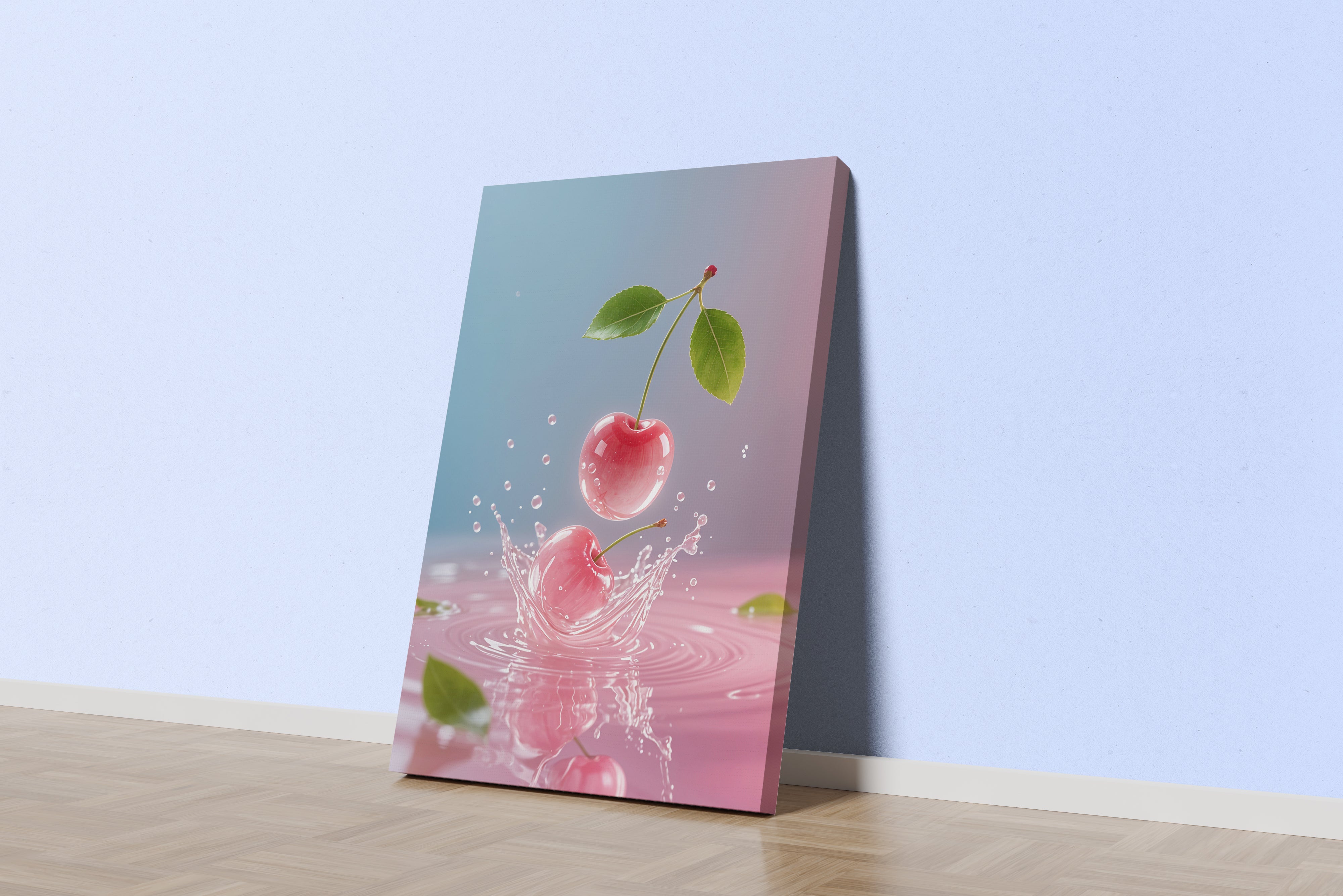 ai creation, cherry falling into water, the theme of pink tones, ai art, art, kanvas tablo