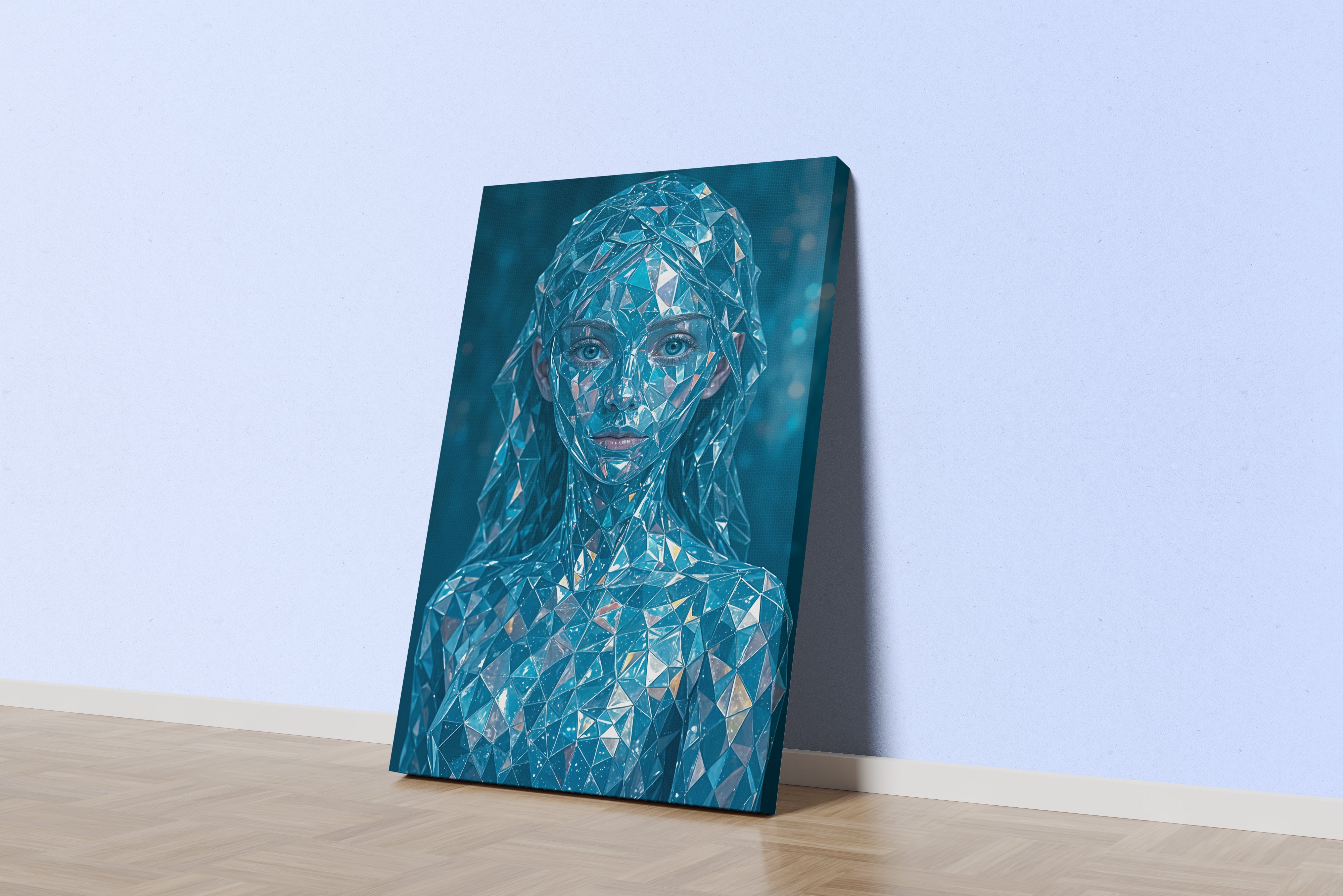ai creation, crystal woman portrait, blue shards, geometric, reflective, ethereal glow, ai art, art, kanvas tablo