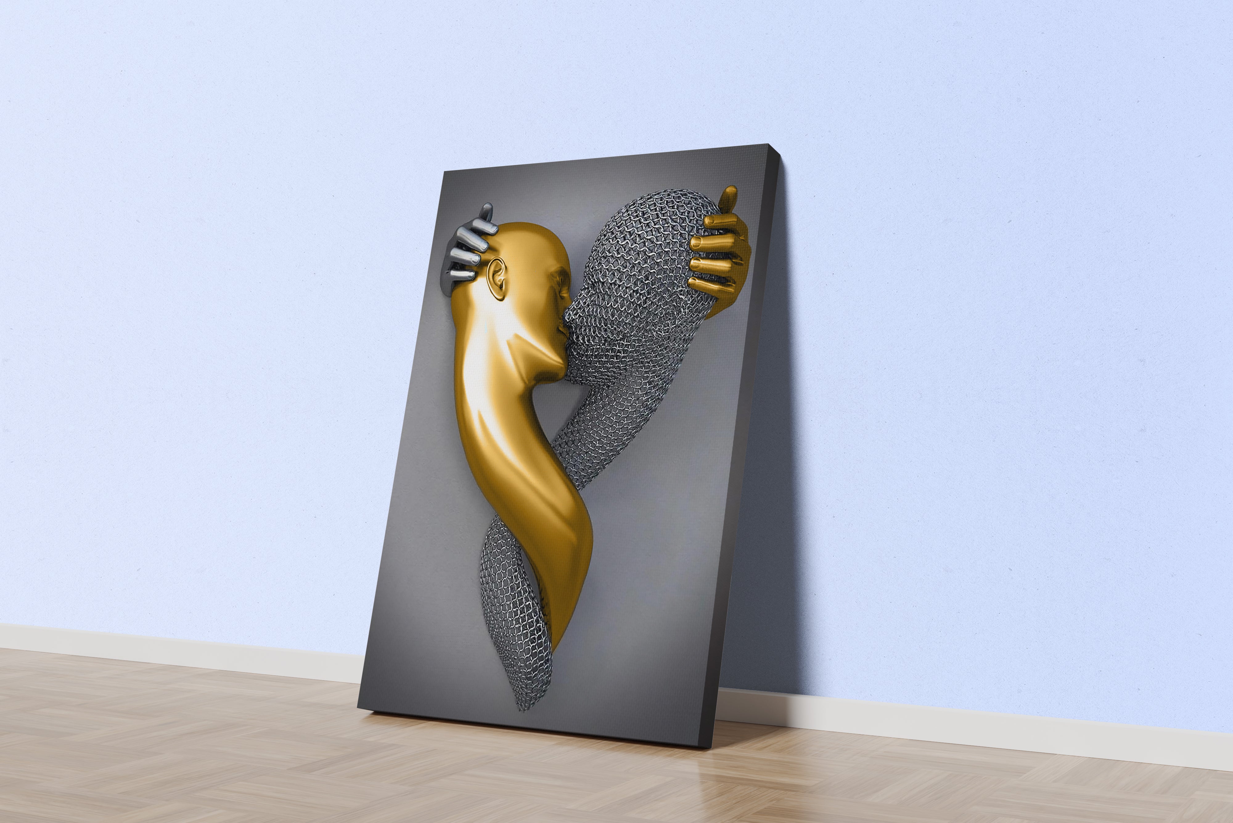 an abstract heart-shaped sculpture of a gold and a chainmail figure embracing model 1, art, kanvas tablo
