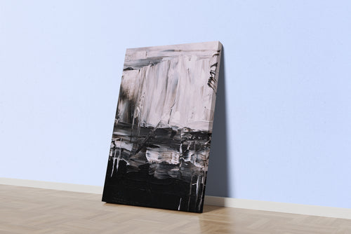 a close-up of a black and white abstract painting with heavy, textured brushstrokes, abstract, art, kanvas tablo