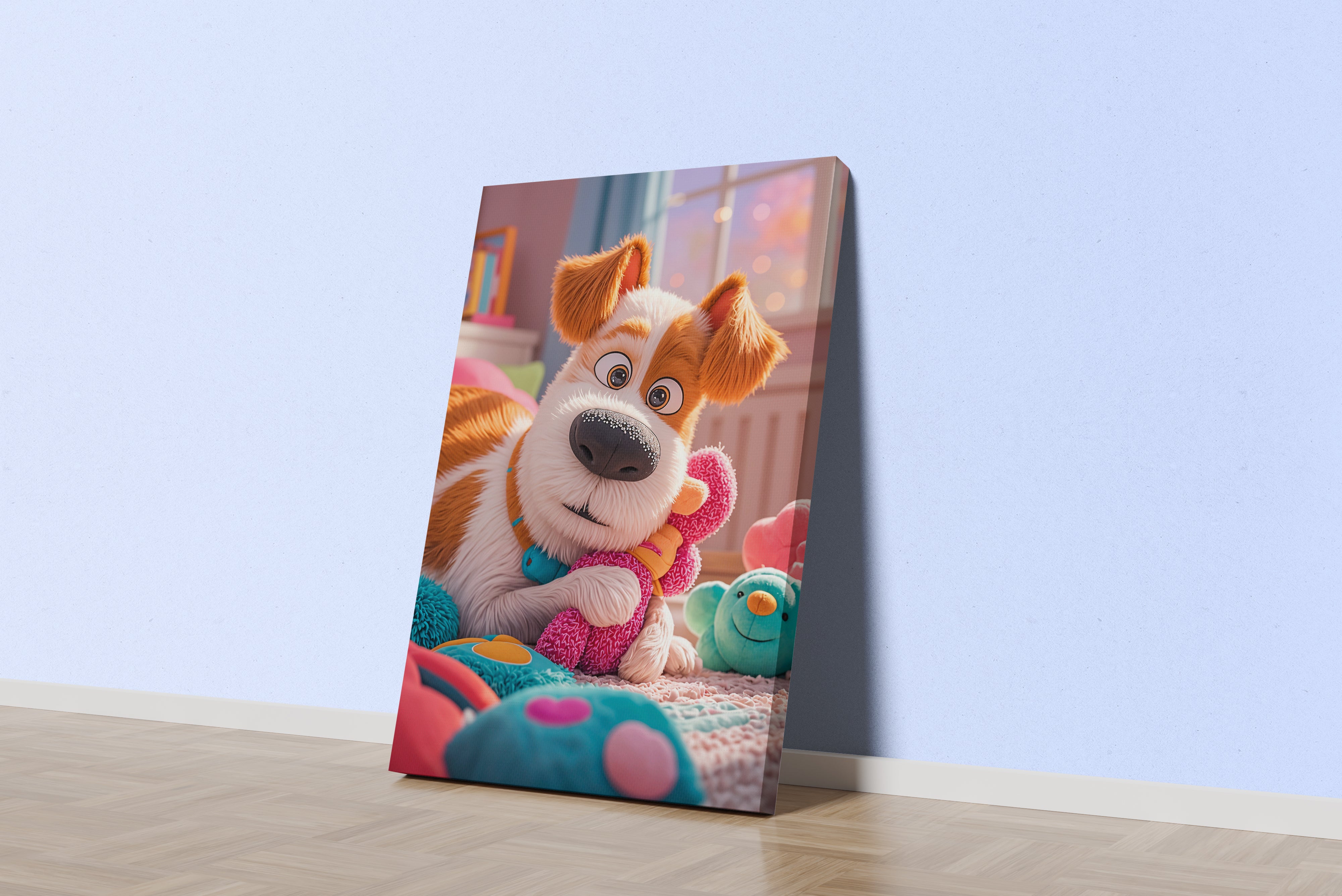 ai creation, confused looking plush dog, ai art, art, kanvas tablo