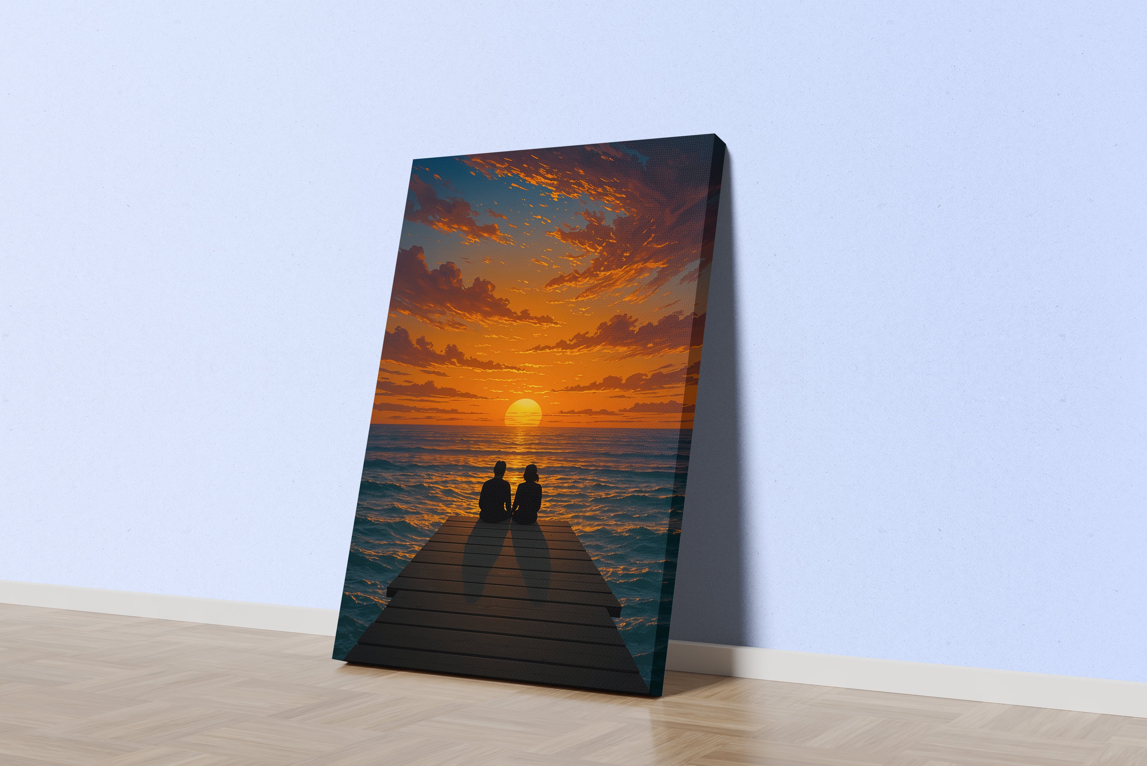 ai creation, lovers sitting on the pier watching the sunset, winter themed, art, kanvas tablo