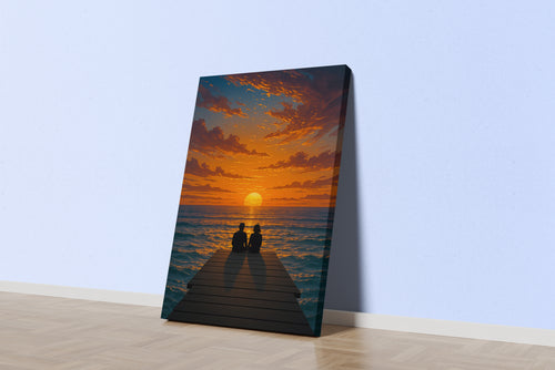 ai creation, lovers sitting on the pier watching the sunset, winter themed, art, kanvas tablo