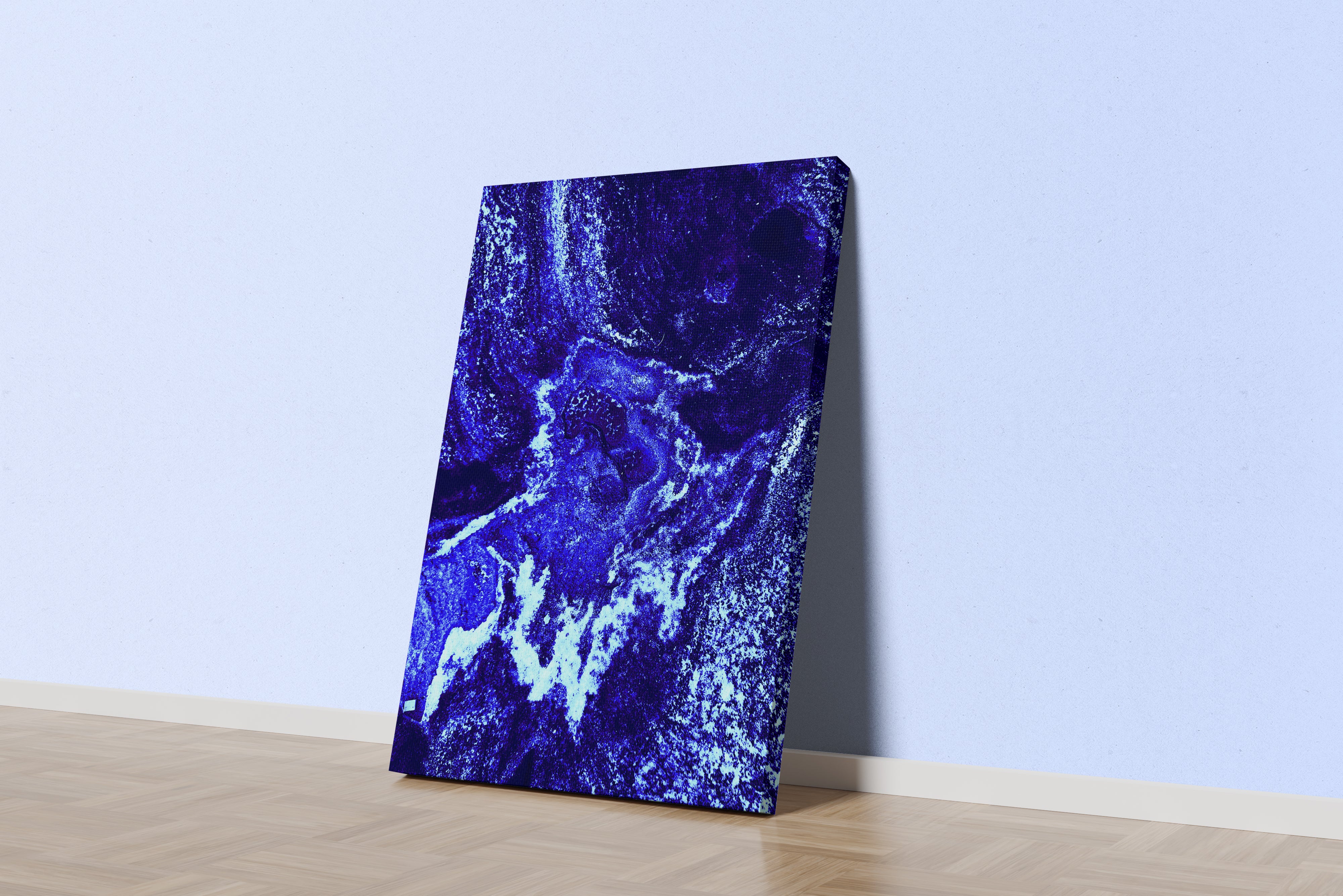 a vibrant abstract image of a deep electric blue and white cosmic rock landscape, abstract, art, kanvas tablo