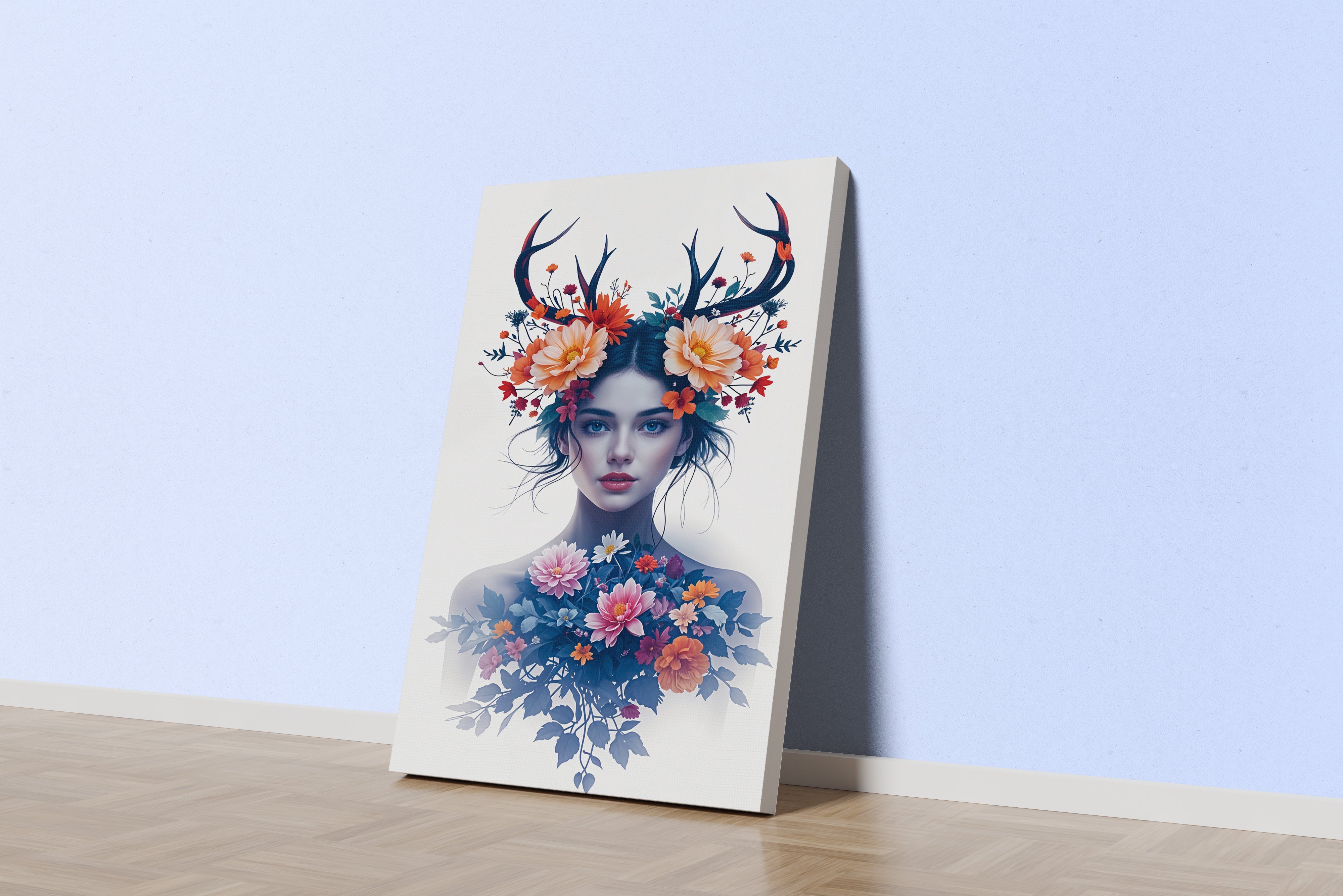 ai creation, a beautiful woman as a nature spirit with antlers and blooming flowers, ai art, art, kanvas tablo