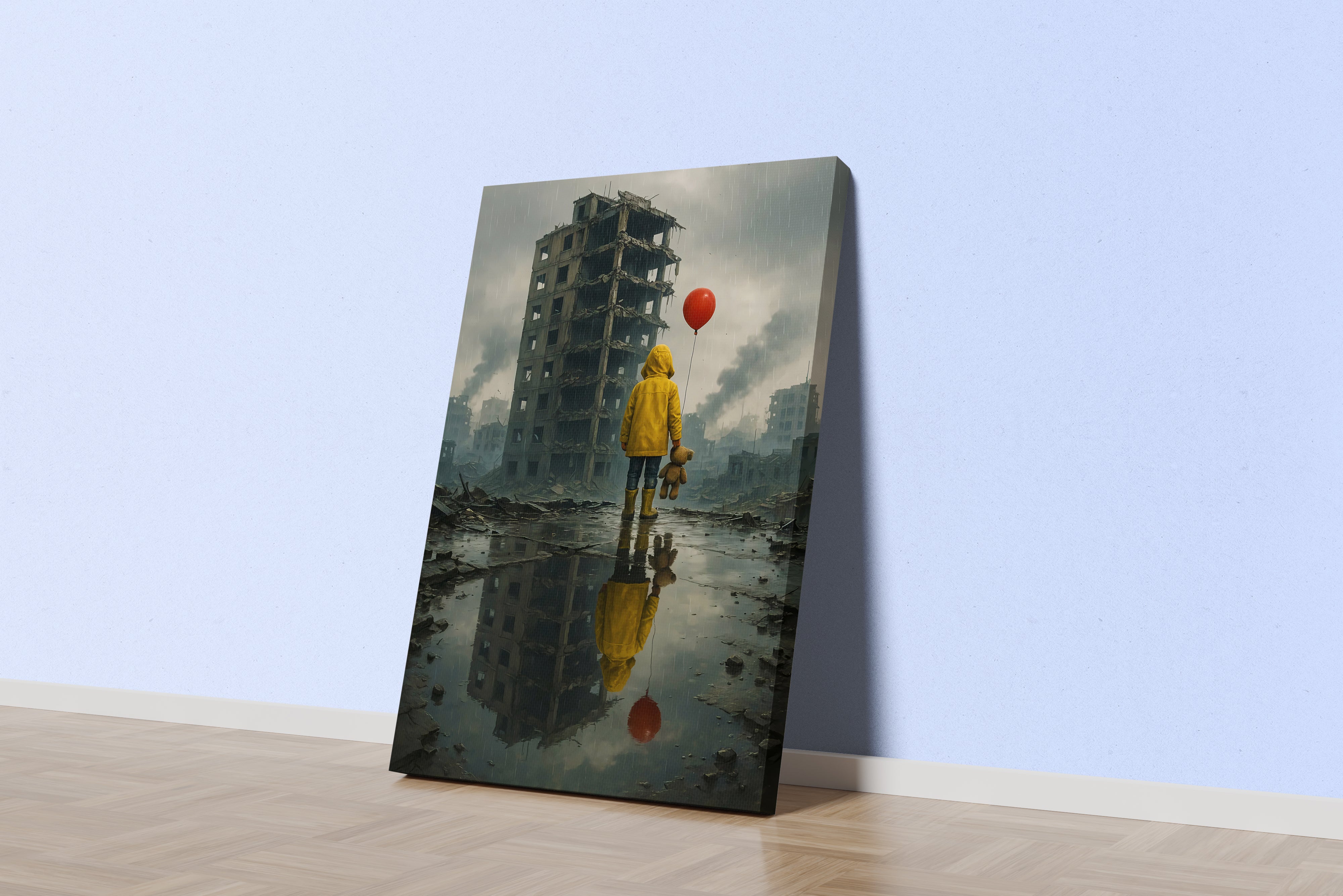 ai creation, a child left in an abandoned city with his balloon and teddy bear, ai art, art, kanvas tablo