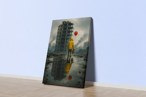 ai creation, a child left in an abandoned city with his balloon and teddy bear, ai art, art, kanvas tablo