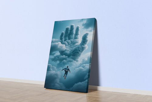 ai creation, a giant hand of clouds reaching for a man falling through the sky, ai art, art, kanvas tablo