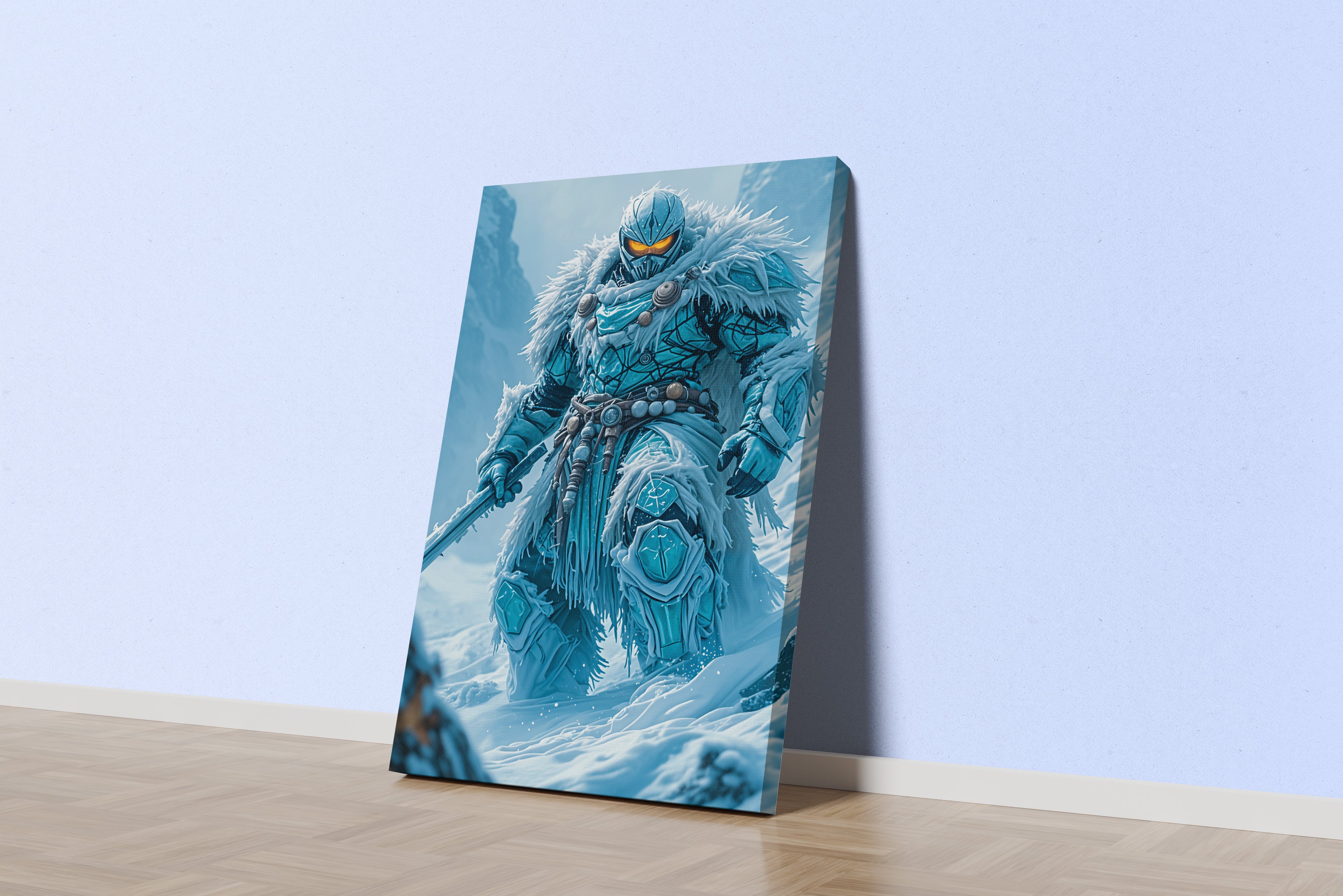 ai creation, a formidable ice warrior in cracked armor with glowing orange eyes, ai art, art, kanvas tablo