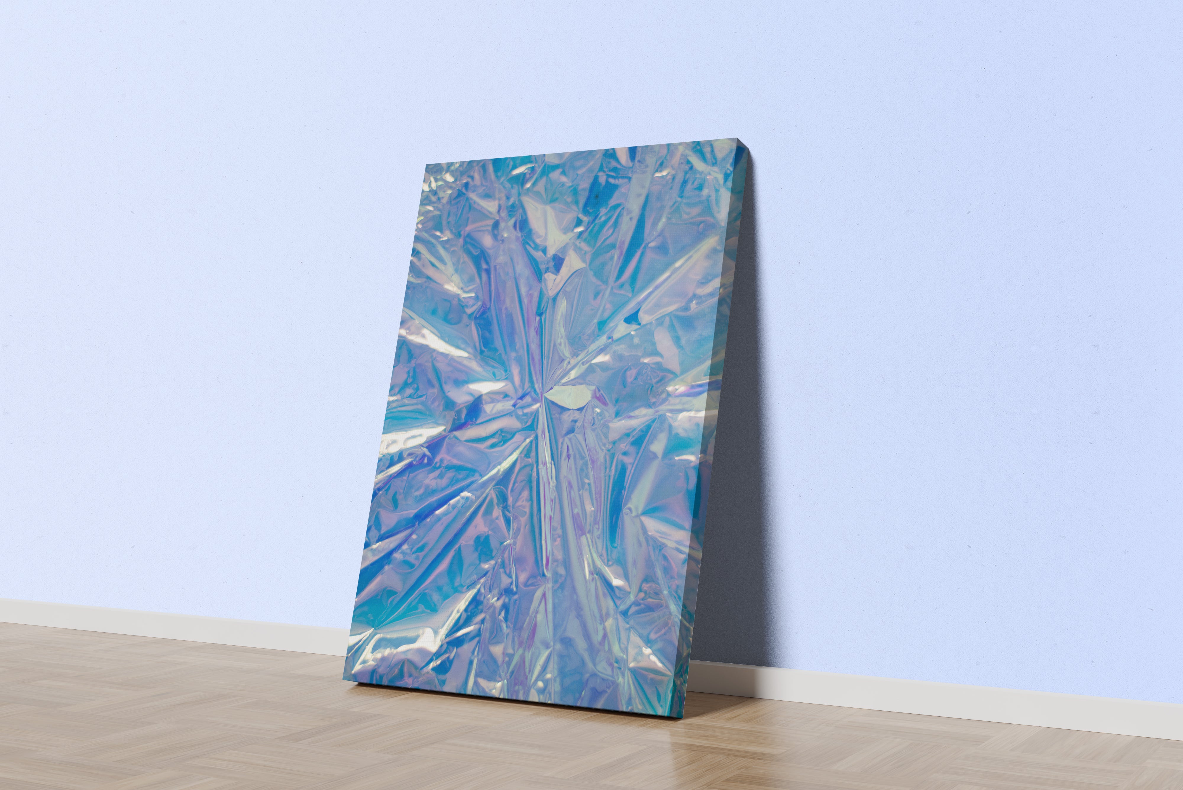 a close-up of a crumpled, futuristic holographic material with iridescent blue and purple reflections, abstract, art, kanvas tablo