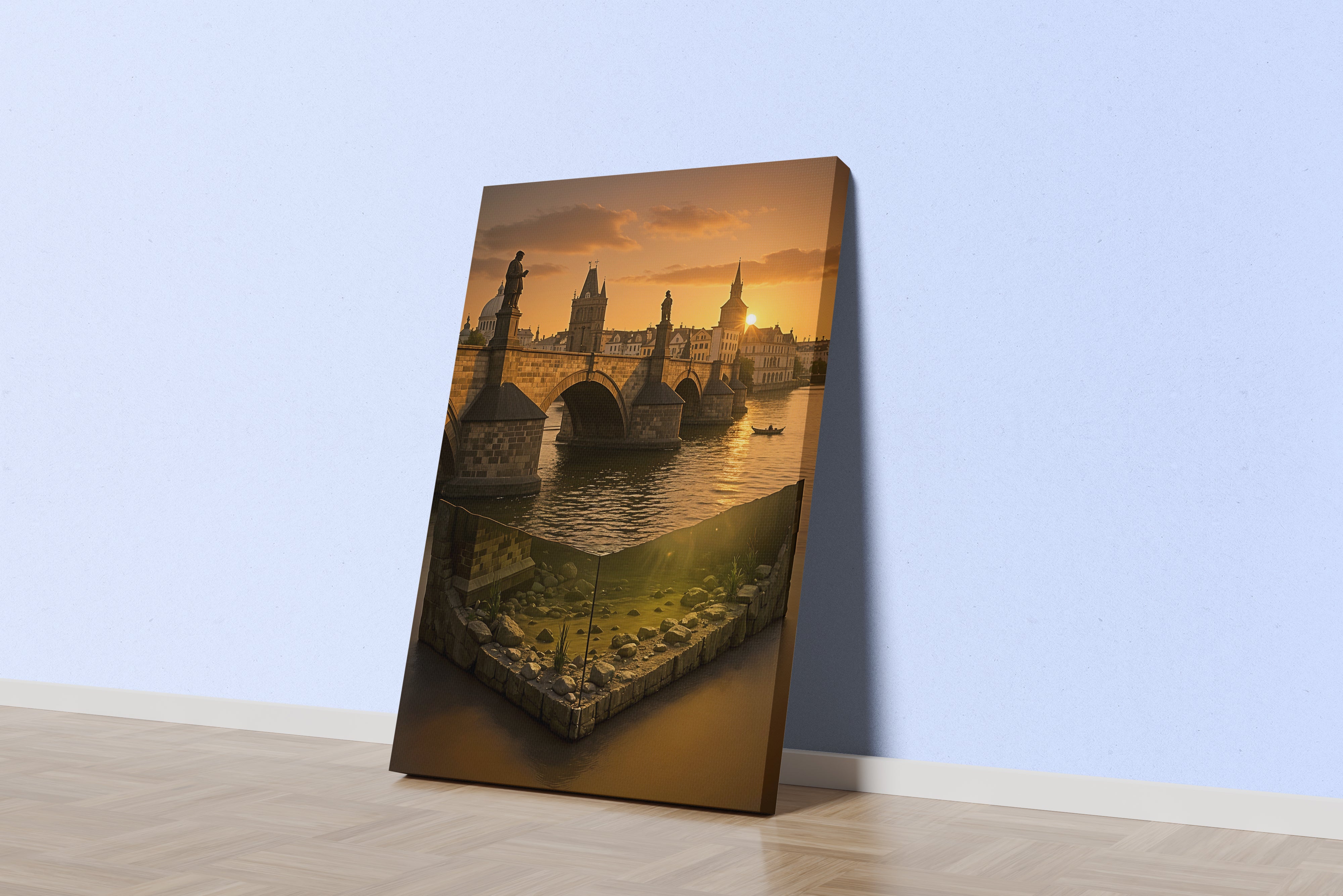 ai creation, sunset in the reflections of a seaside town, ai art, art, kanvas tablo