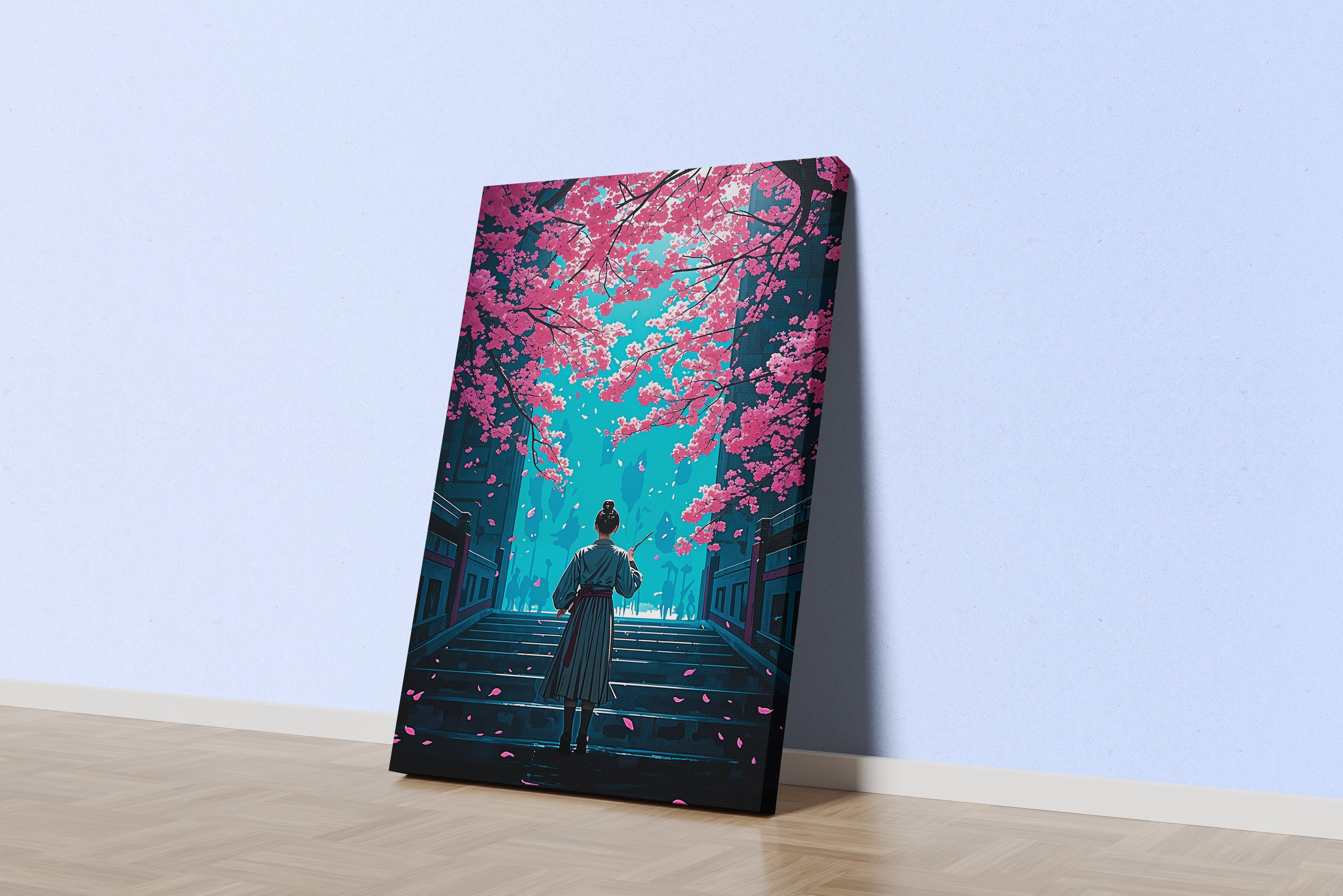 ai creation, master kung fu climbs stairs while pink leaves fall, ai art, art, kanvas tablo