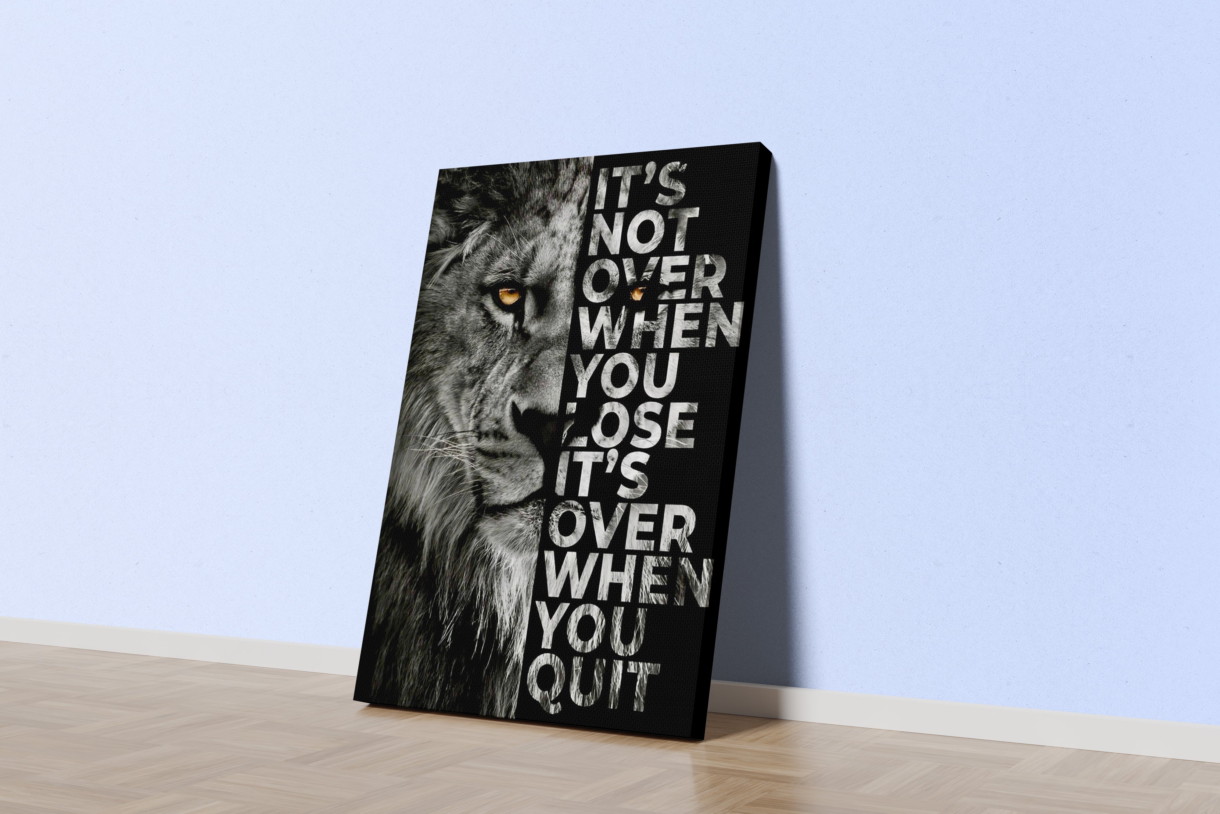 a lion's face split with the motivational quote, art, kanvas tablo