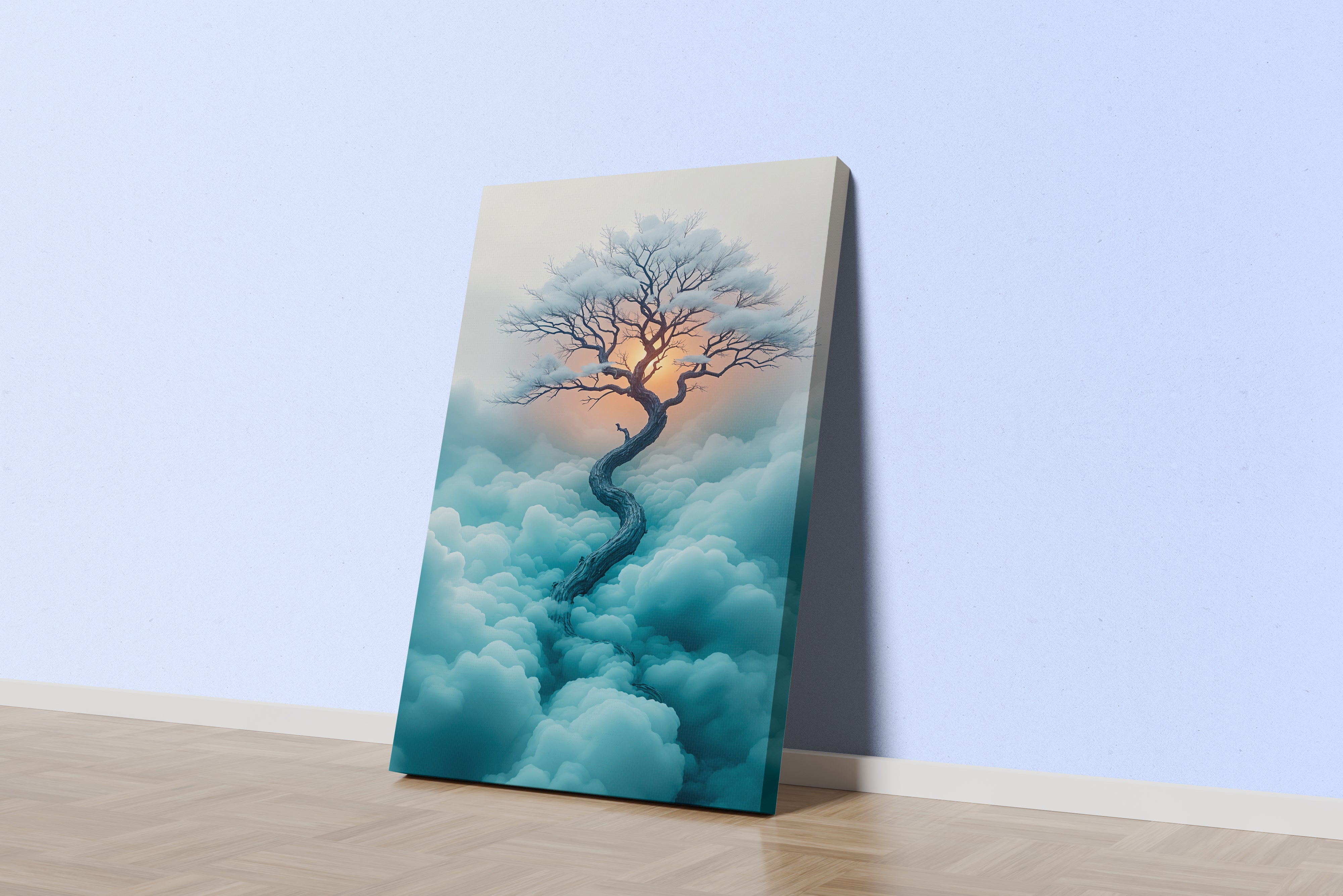 ai creation, tree growing above the clouds at sunset, ai art, art, kanvas tablo